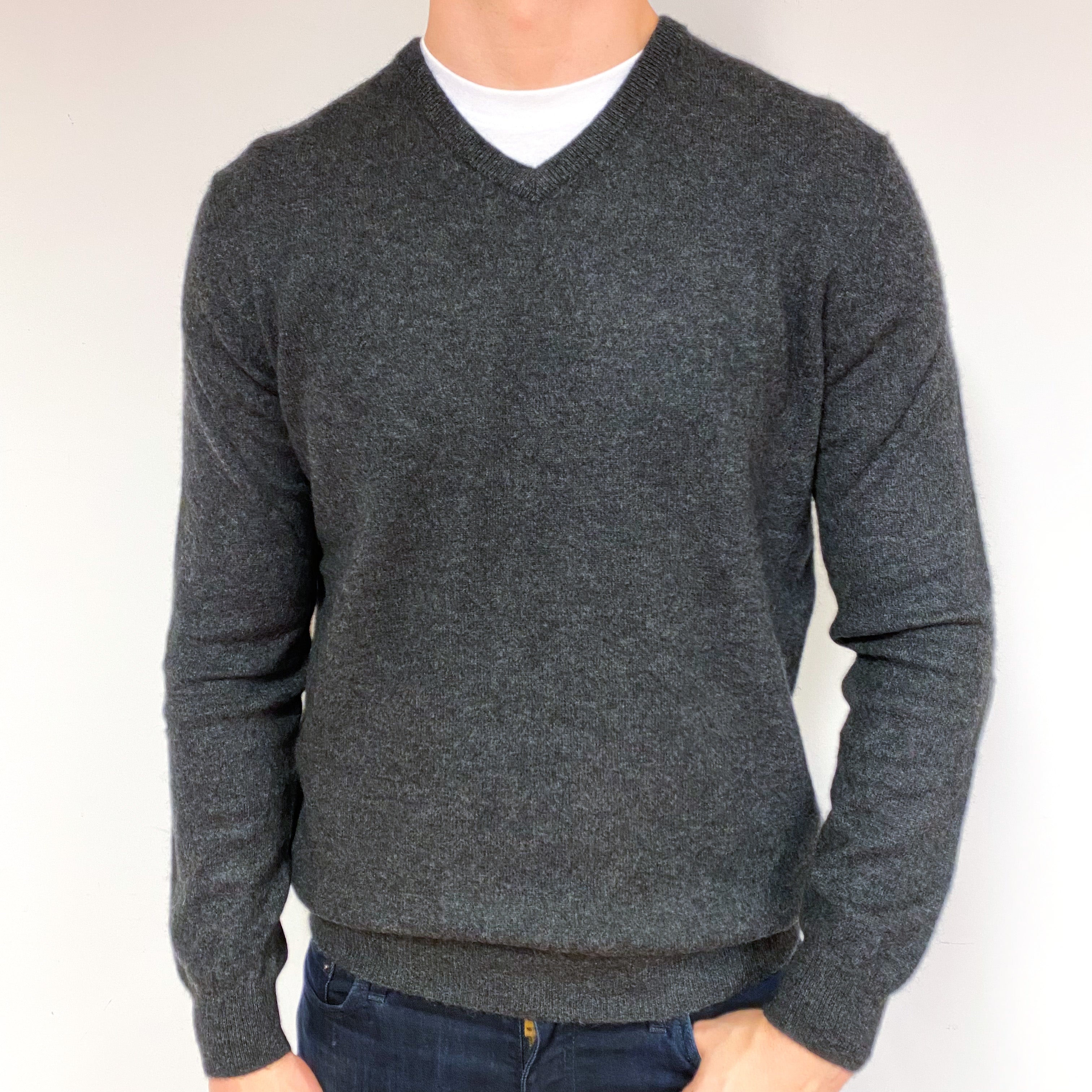 Men's Slate Grey Cashmere V-Neck Jumper Extra Large