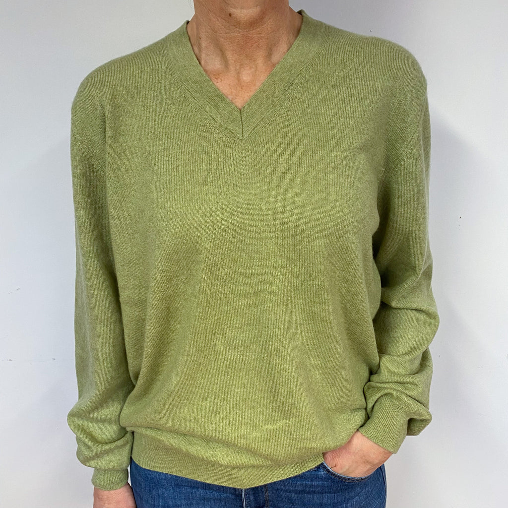 Slouchy Olive Green Cashmere V-Neck Jumper Medium