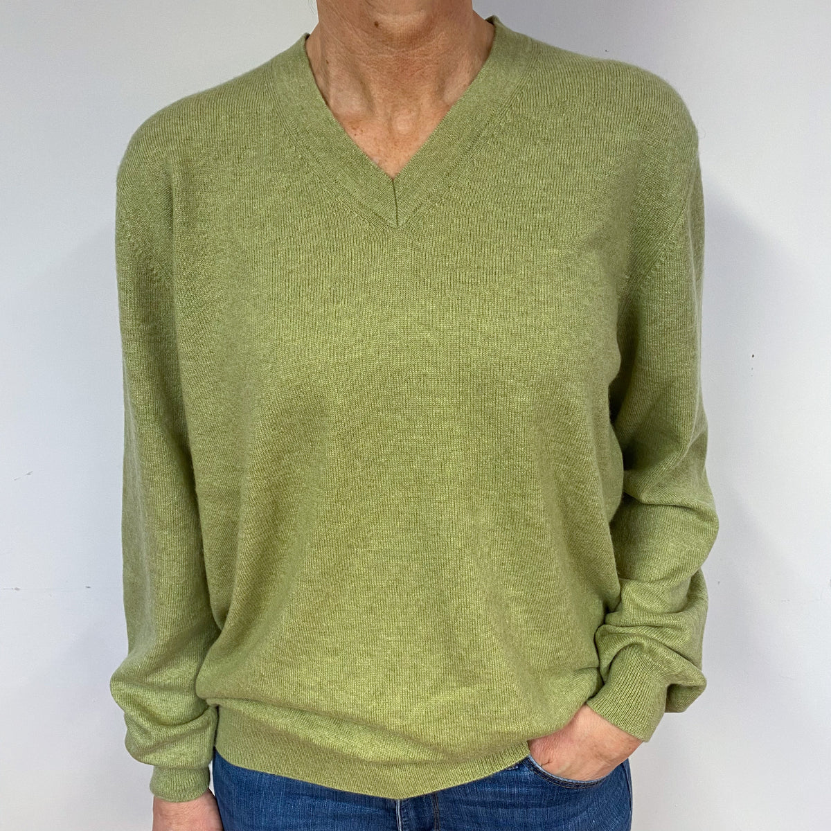 Slouchy Olive Green Cashmere V-Neck Jumper Medium