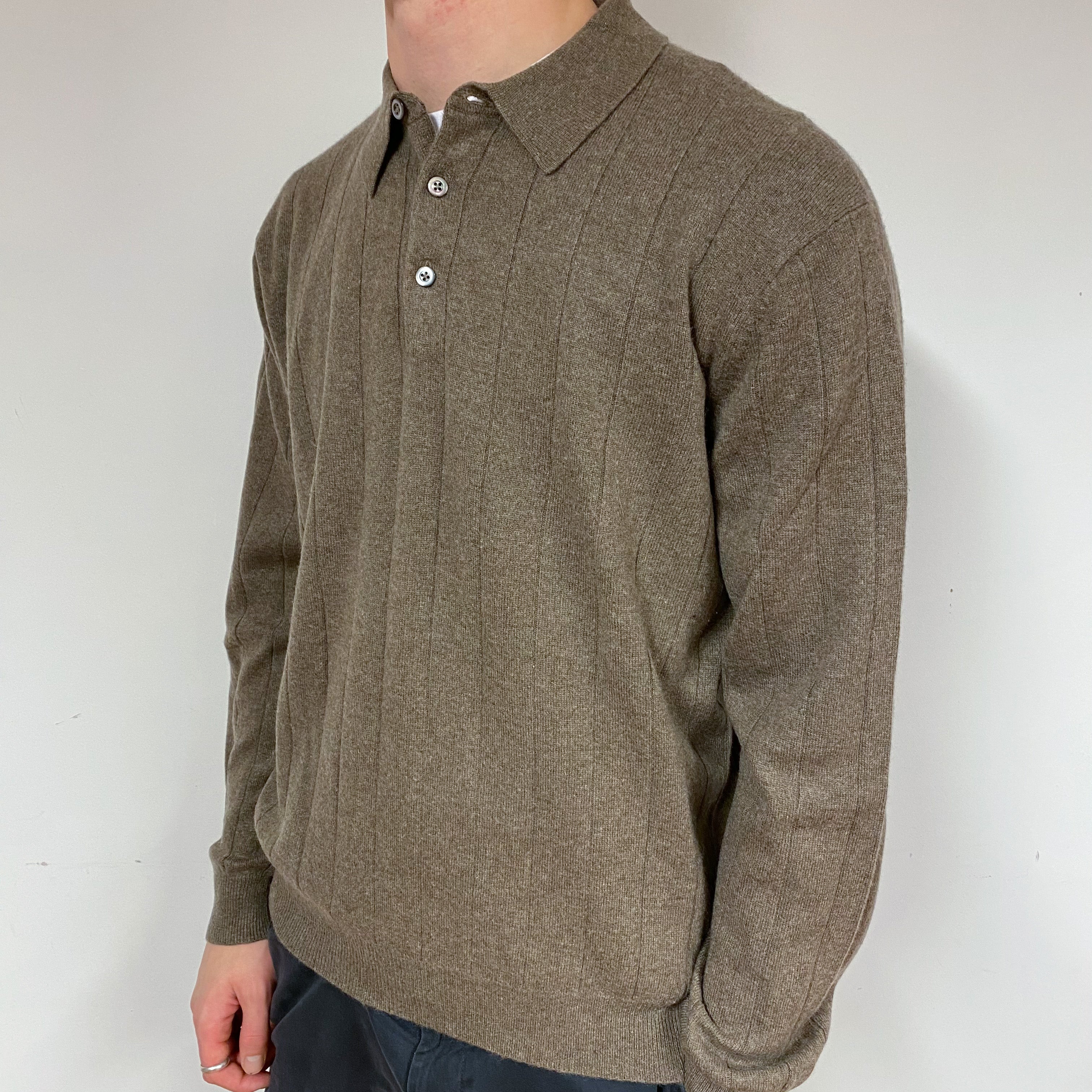 Men's Mid Brown Cashmere Collared Jumper Large