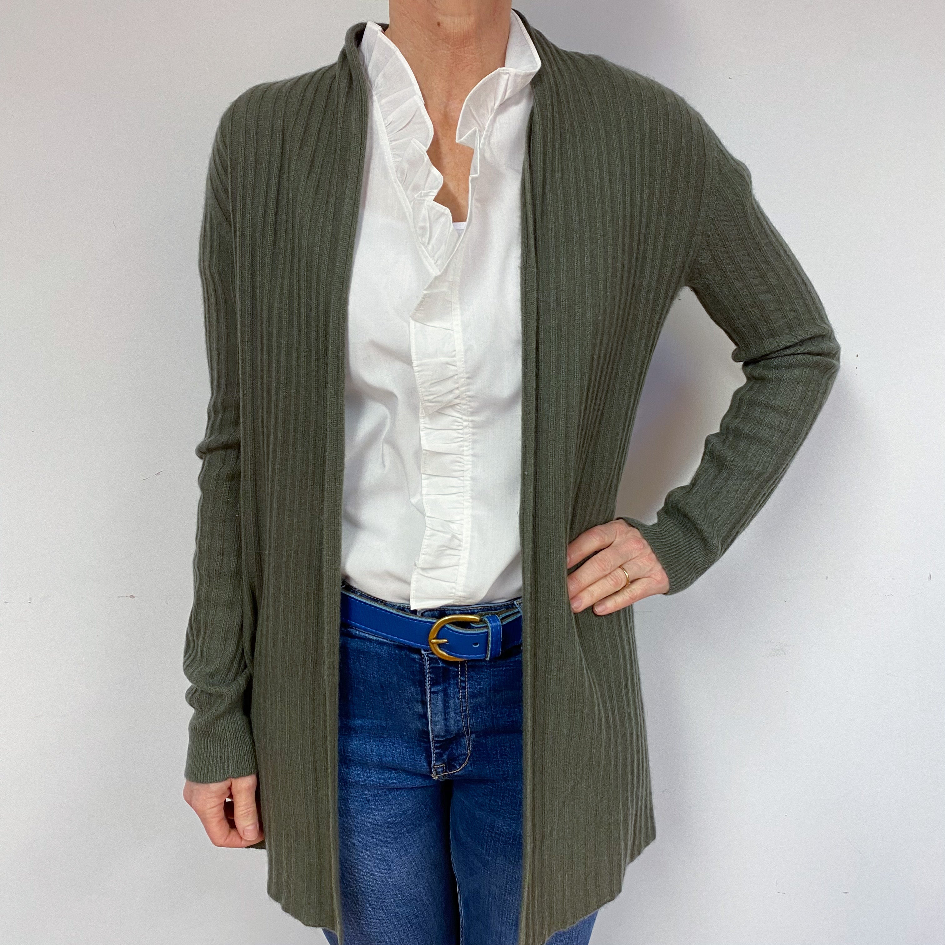 Khaki Green Edge to Edge Cashmere Cardigan Medium