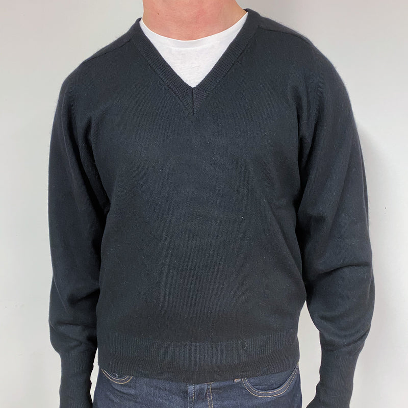 Men's Black Cashmere V-Neck Jumper Extra Large
