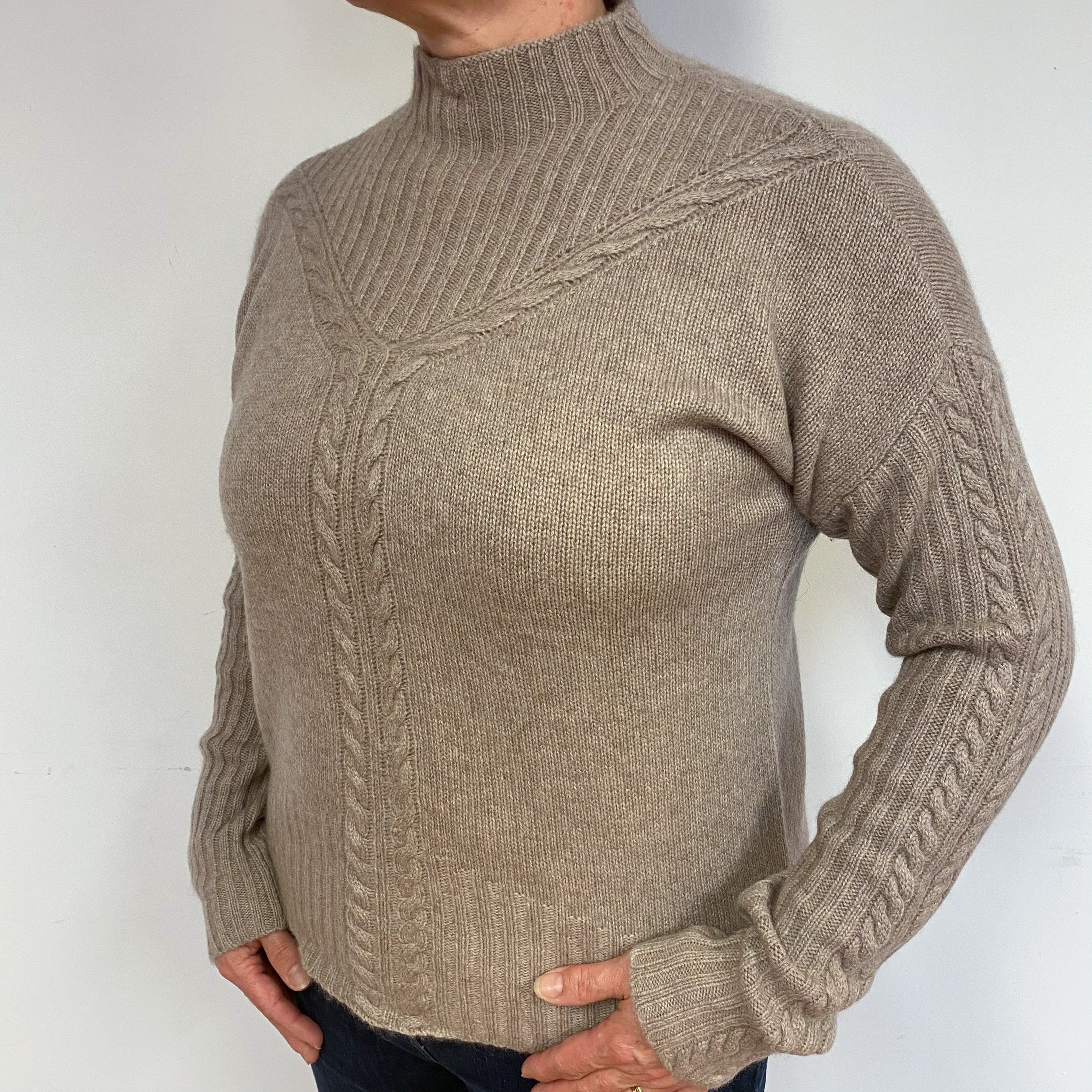 Fawn Beige Cashmere Polo Neck Jumper Large