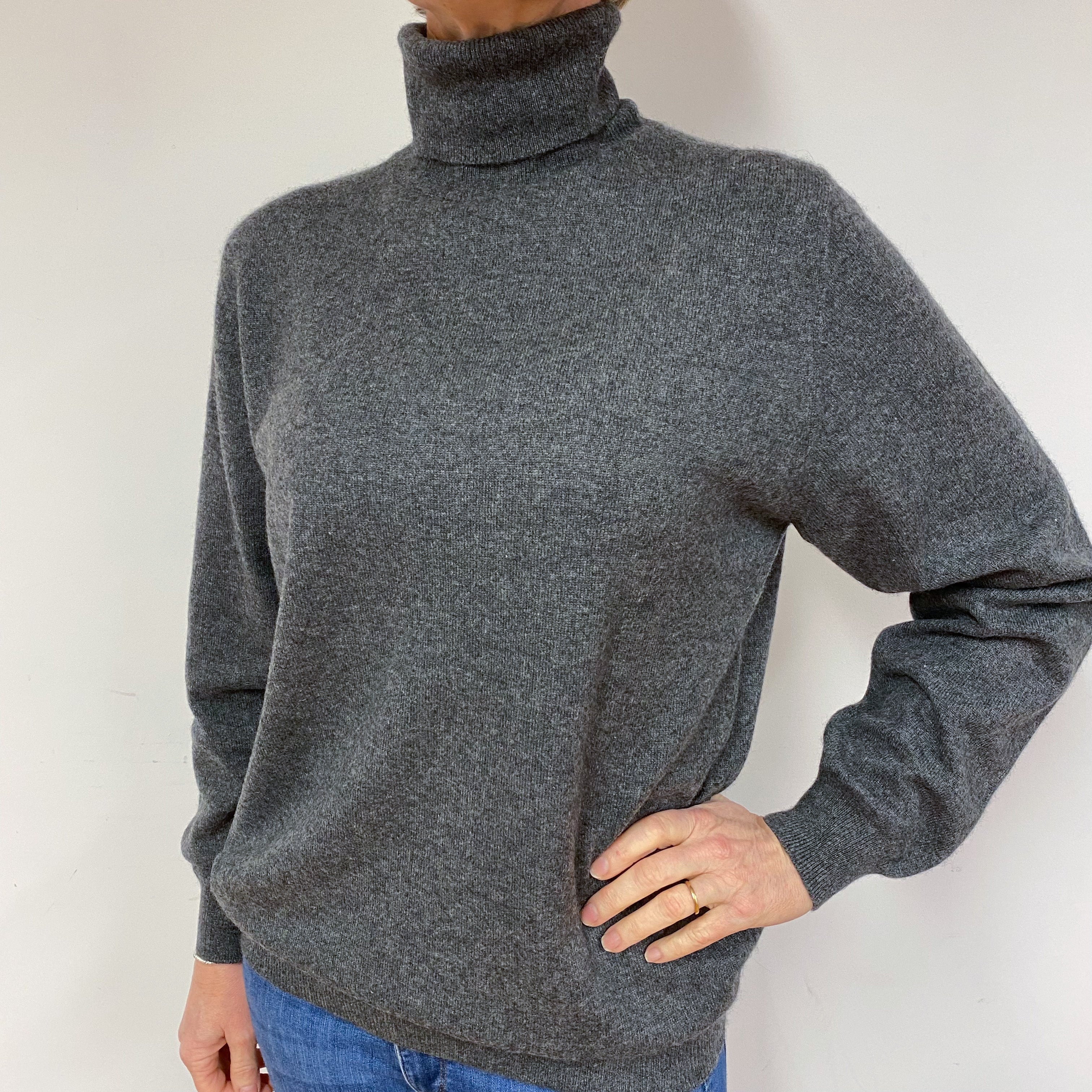 Slouchy Slate Grey Cashmere Polo Neck Jumper Medium