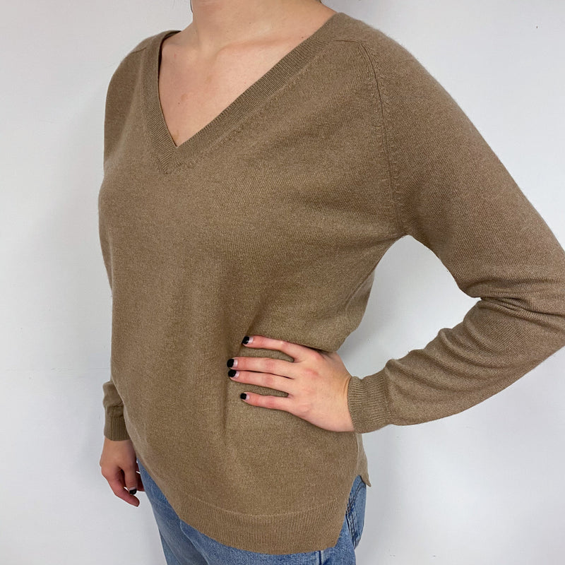 Camel Brown Slouchy Cashmere V-Neck Jumper Small