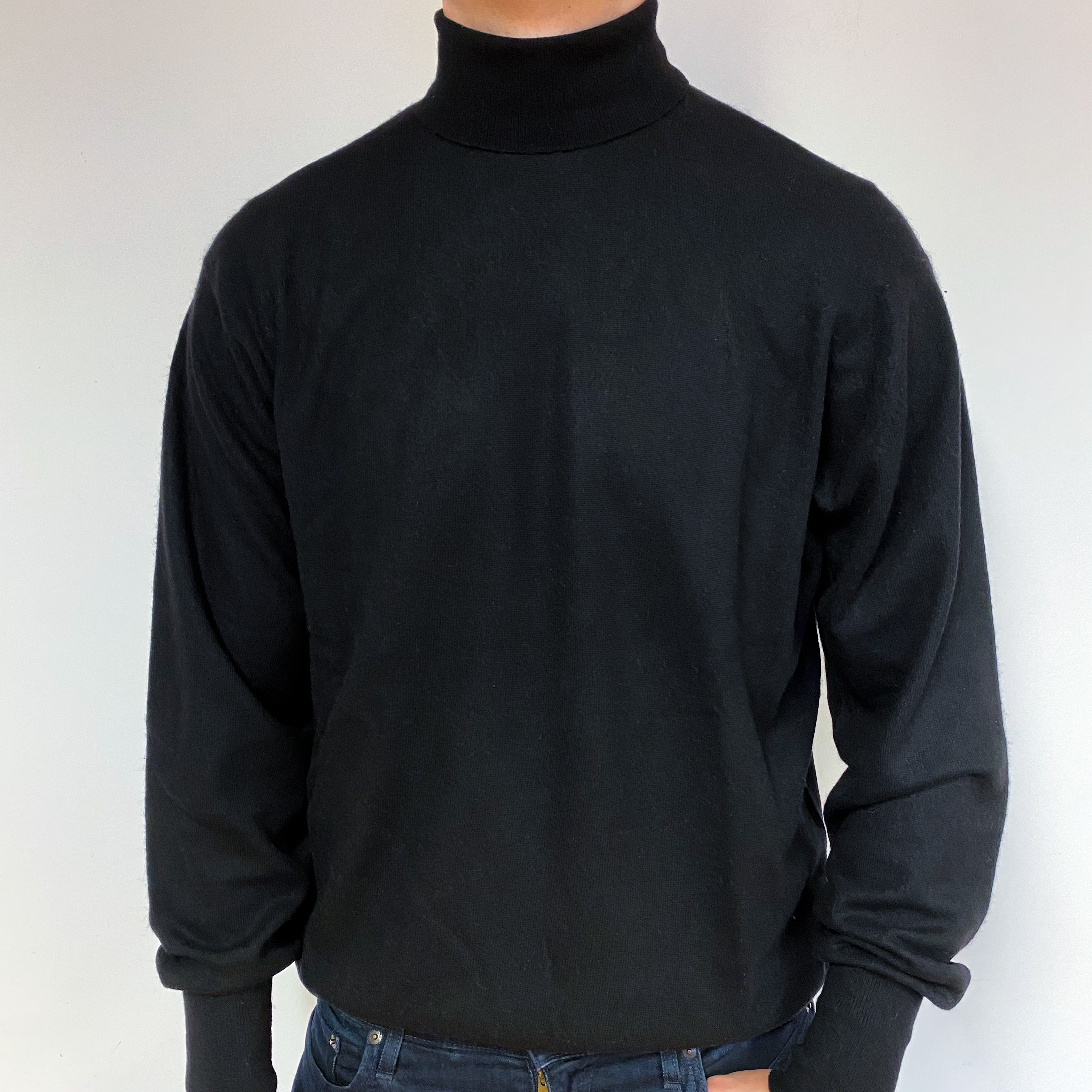 Men's Vintage Black Cashmere Polo Neck Jumper Extra Extra Large