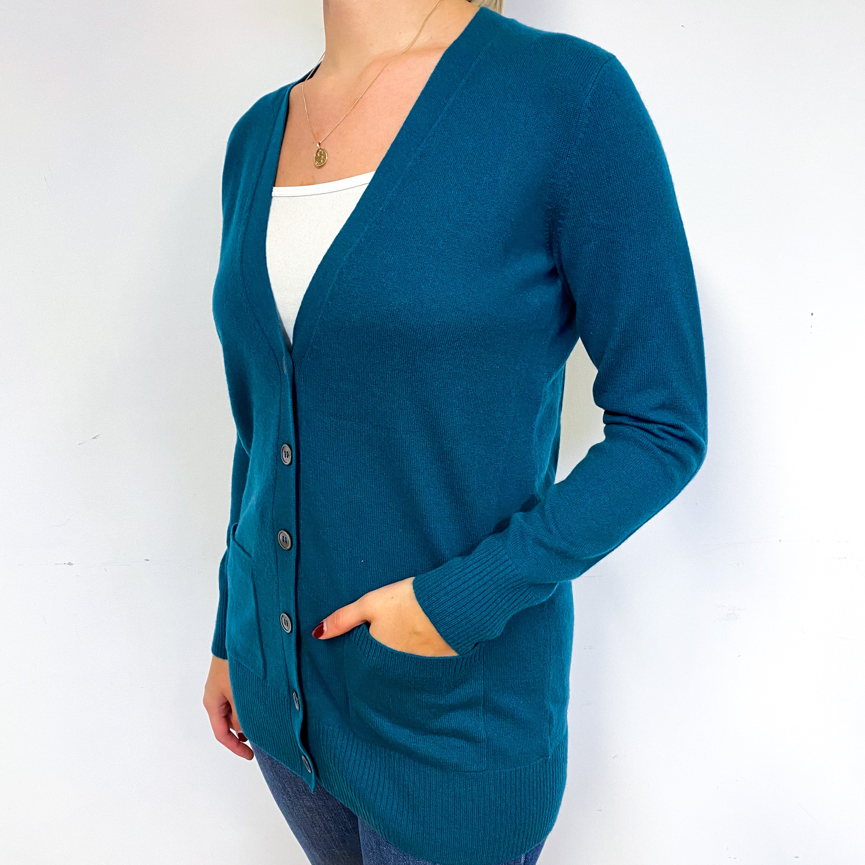 Teal Green Longline Cashmere V-Neck Cardigan Small