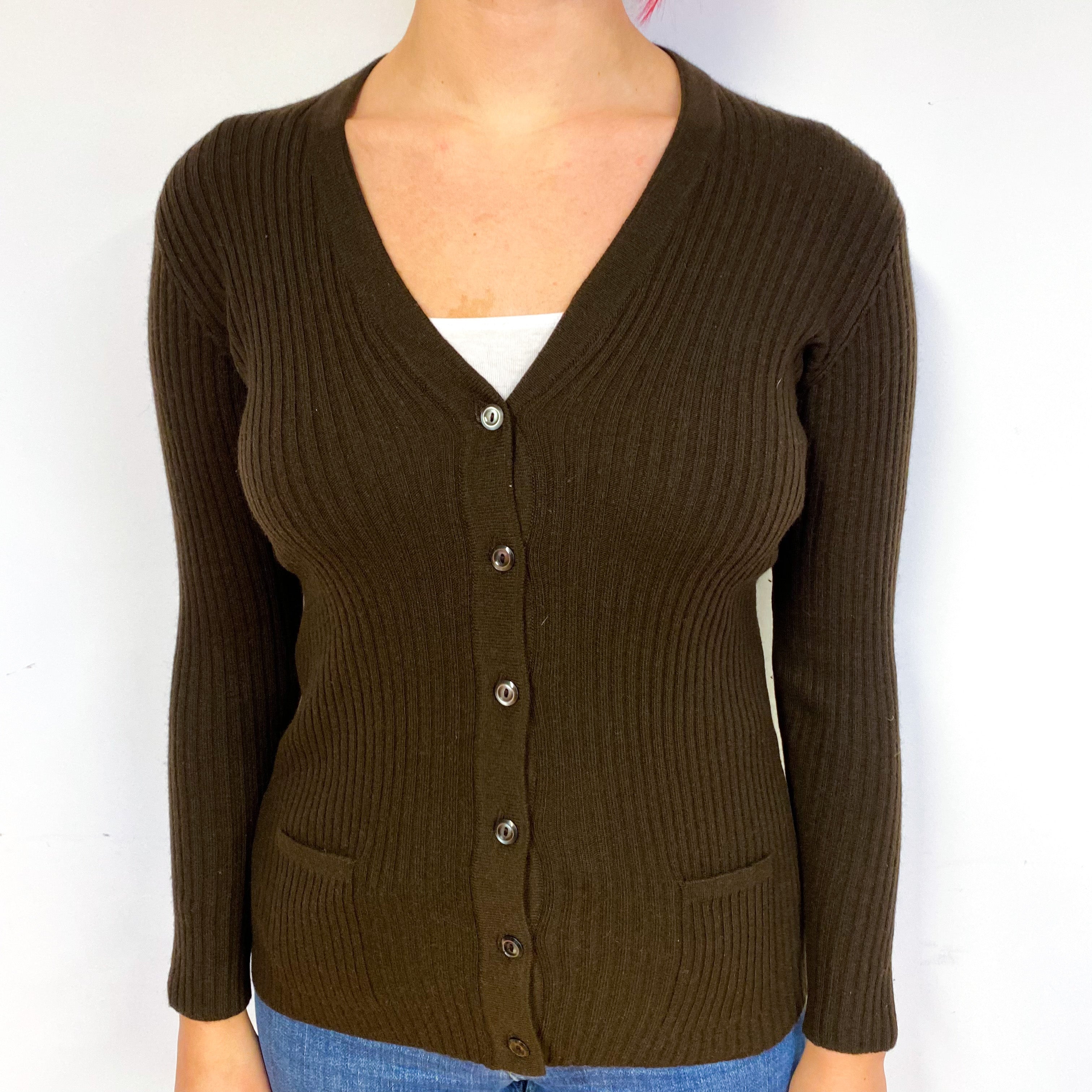 Vintage Brown Ribbed Cashmere V-Neck Cardigan Small