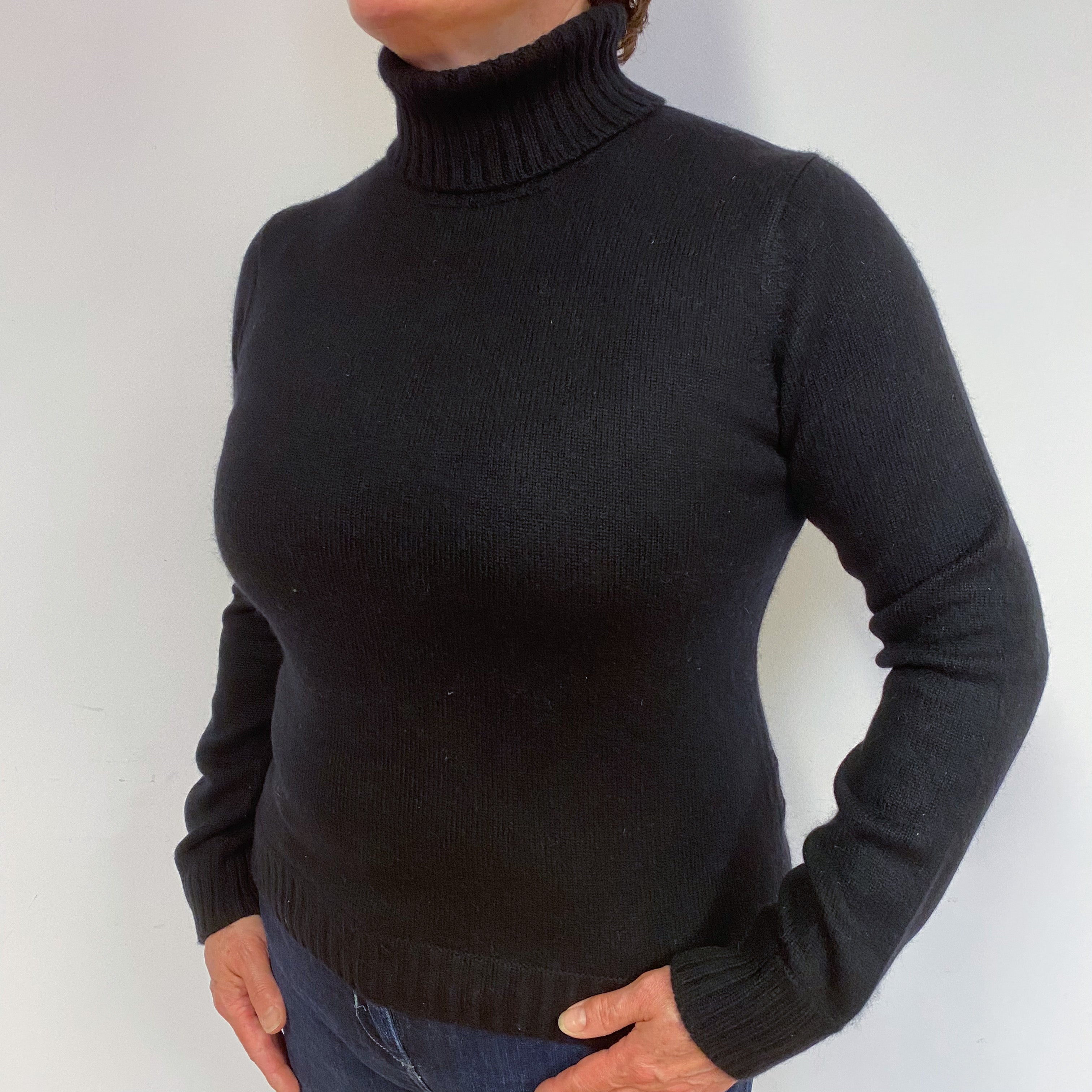 Black Heavy Knit Cashmere Polo Neck Jumper Large