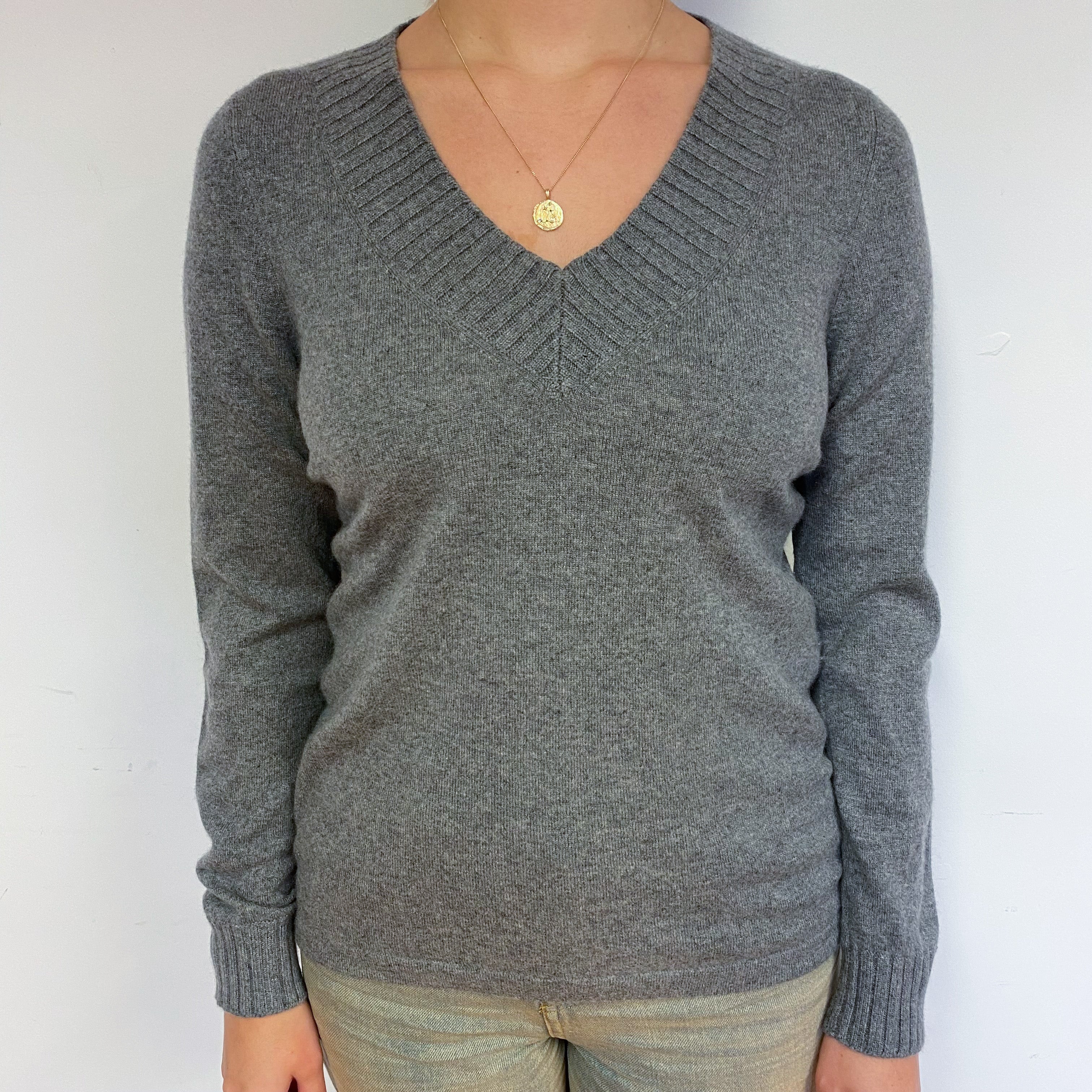 Steel Grey Cashmere V-Neck Jumper Small