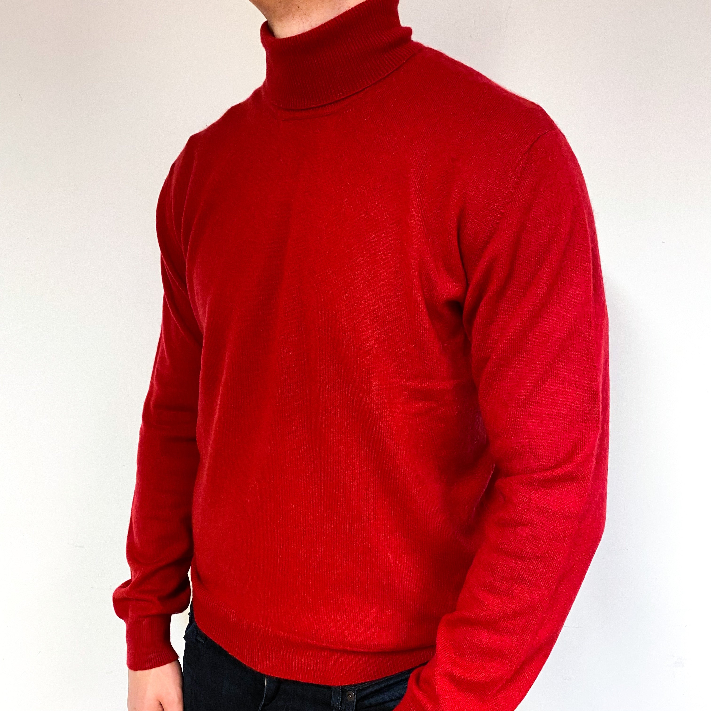 Men's Post Box Red Cashmere Polo Neck Jumper Extra Large