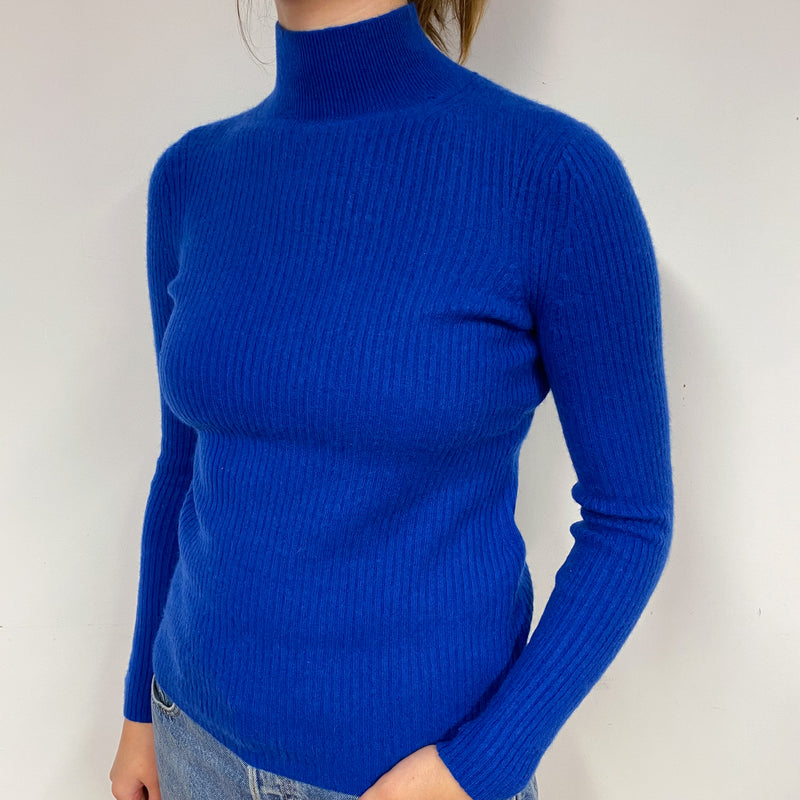 Admiral Blue Ribbed Cashmere Polo Neck Jumper Small