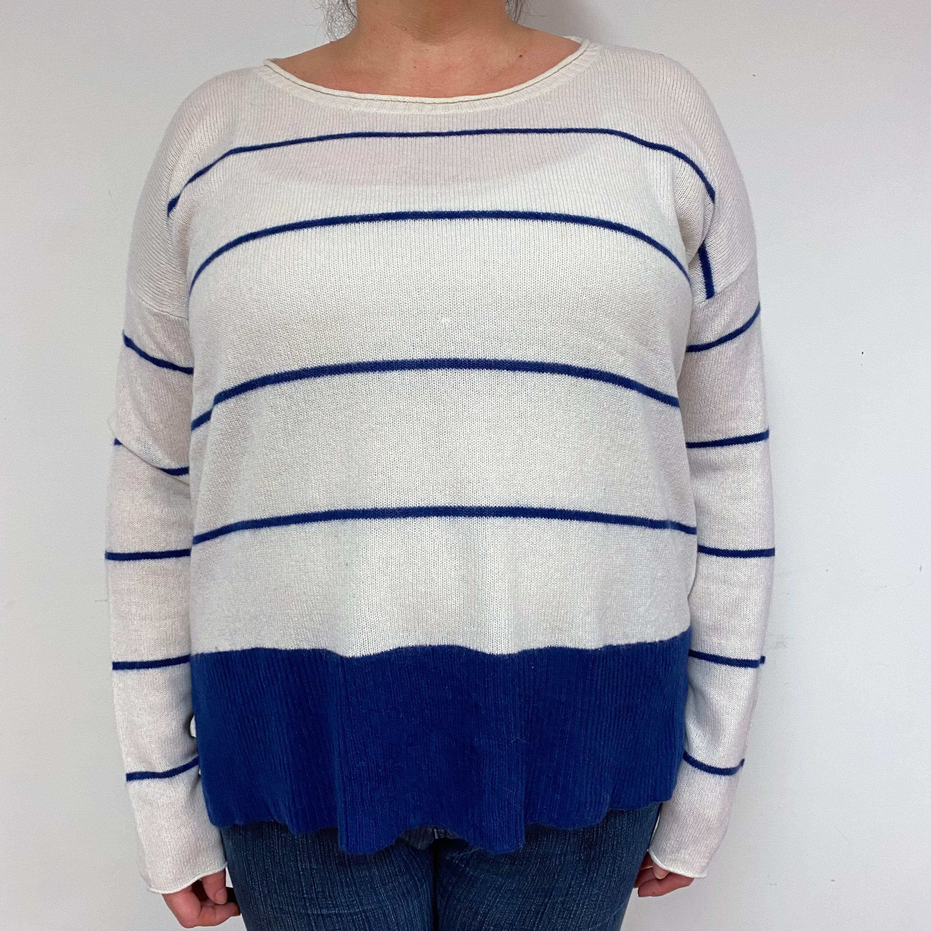 Navy and Cream Stripe Cashmere Crew Neck Jumper Extra Large