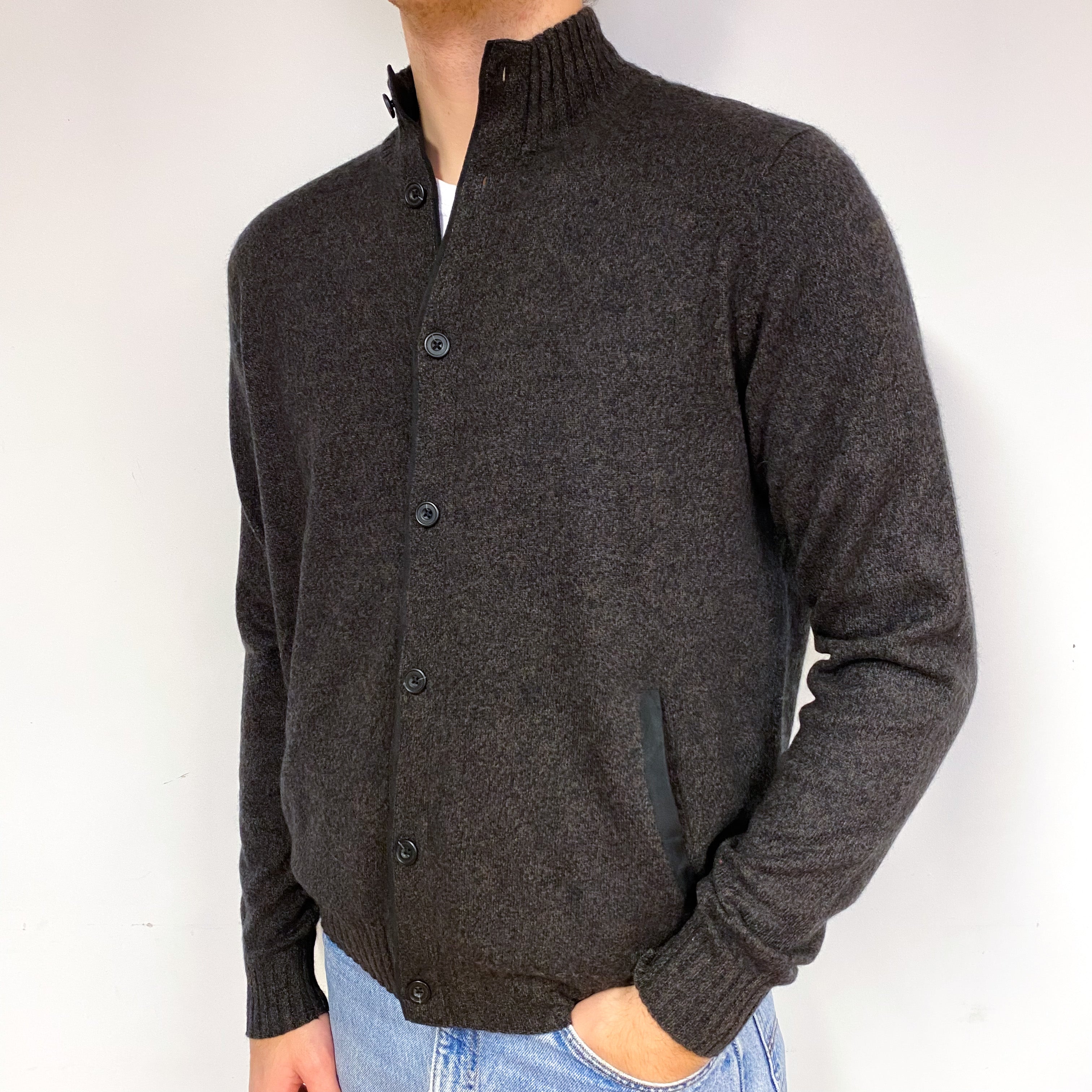 Men's Peppercorn Brown Cashmere Turtle Neck Cardigan Large