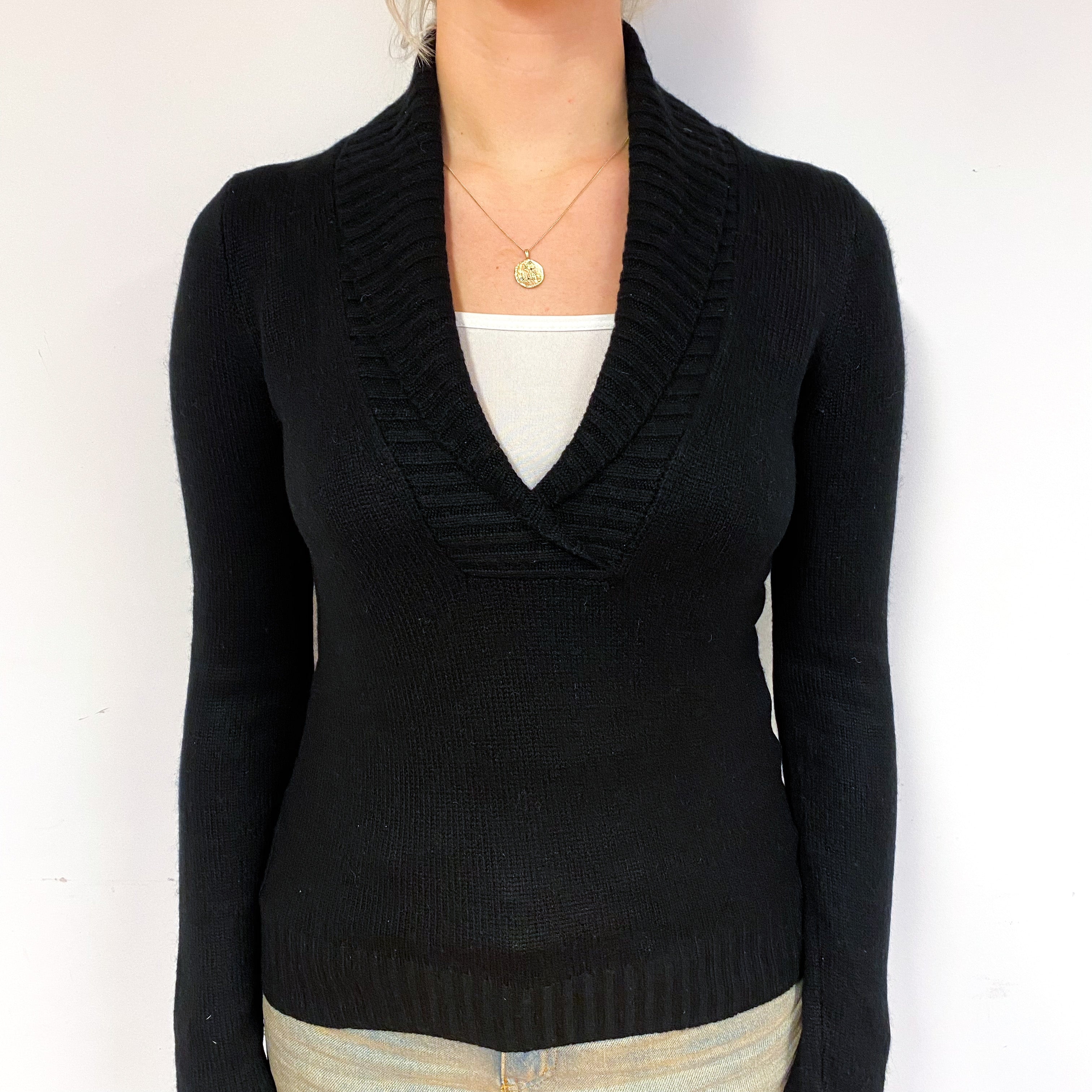 Black Shawl Collar Cashmere V-Neck Jumper Small