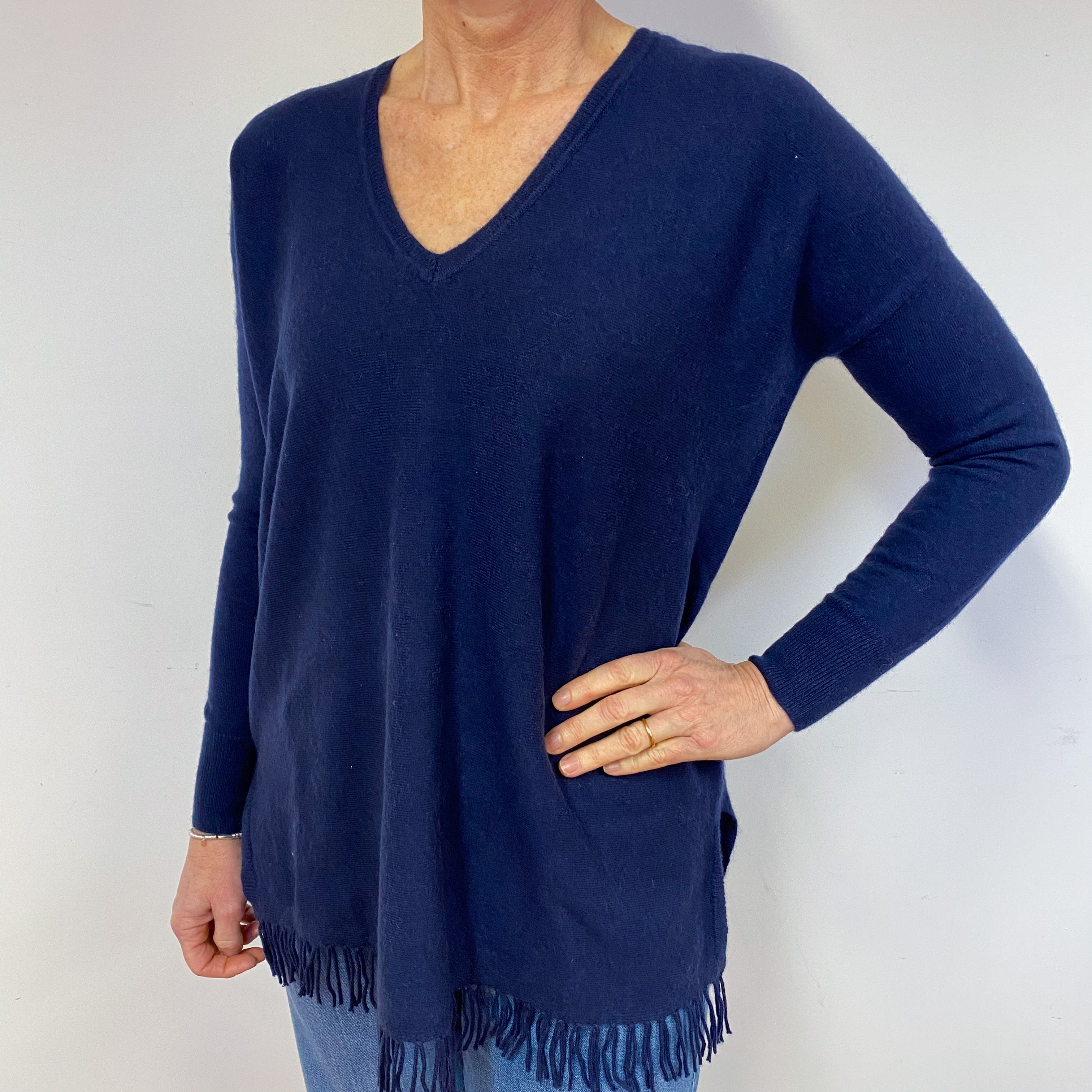 Designer Navy Tassel Cashmere V-Neck Jumper Medium