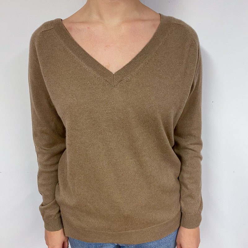 Camel Brown Slouchy Cashmere V-Neck Jumper Small