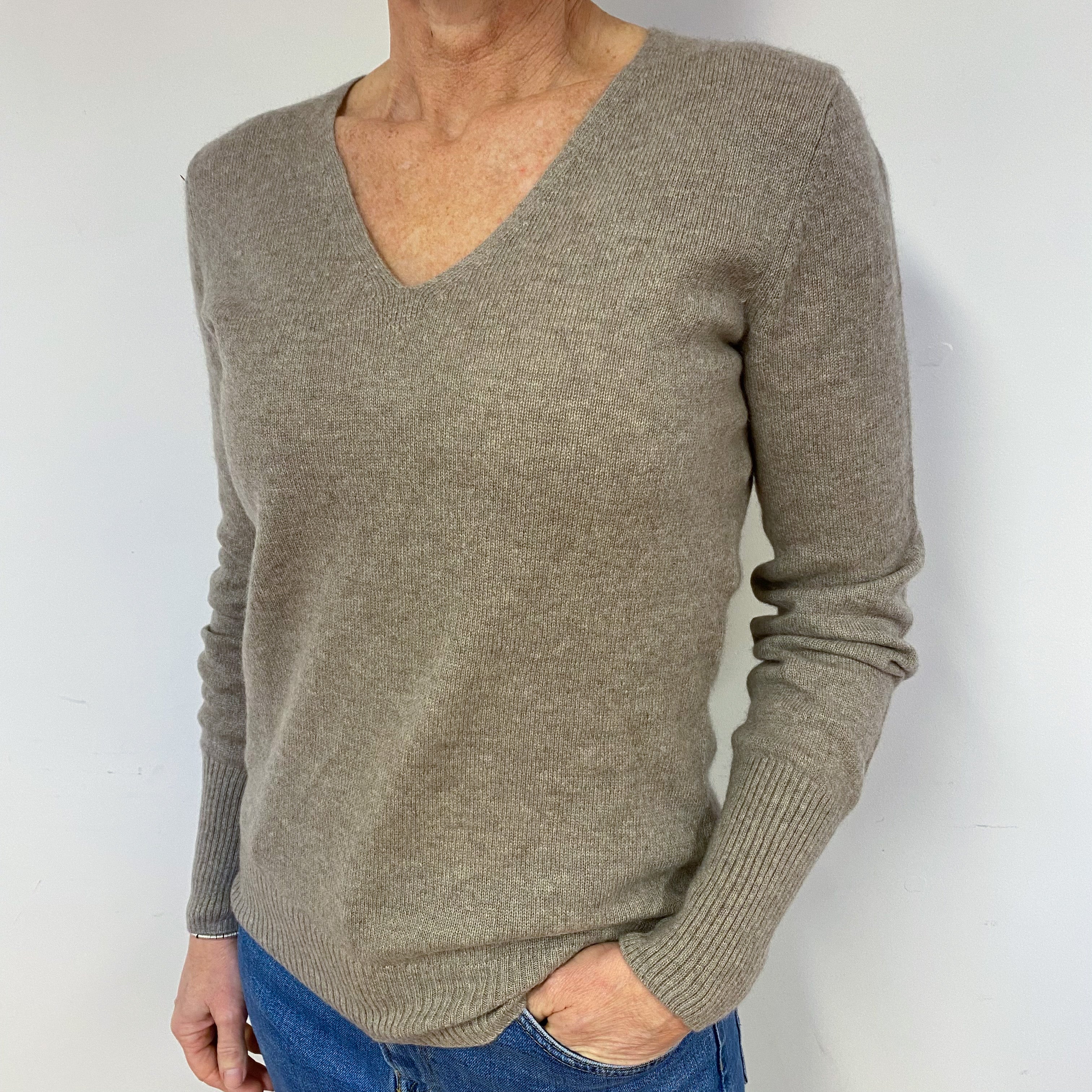 Mink Brown Cashmere V-Neck Jumper Medium