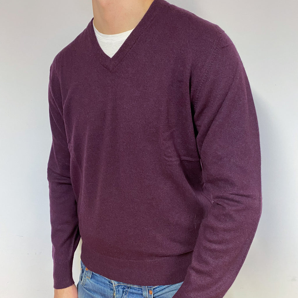 Men's Blueberry Purple Cashmere V-Neck Jumper Extra Large