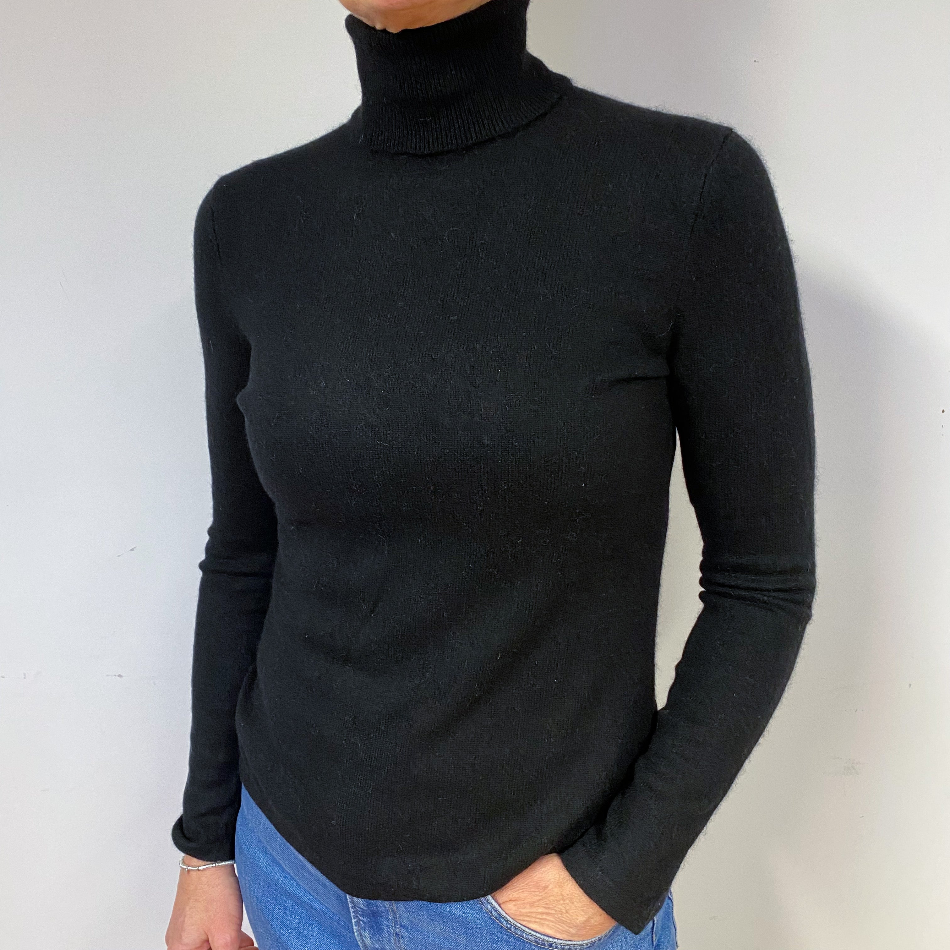 Slim Black Cashmere Polo Neck Jumper Medium