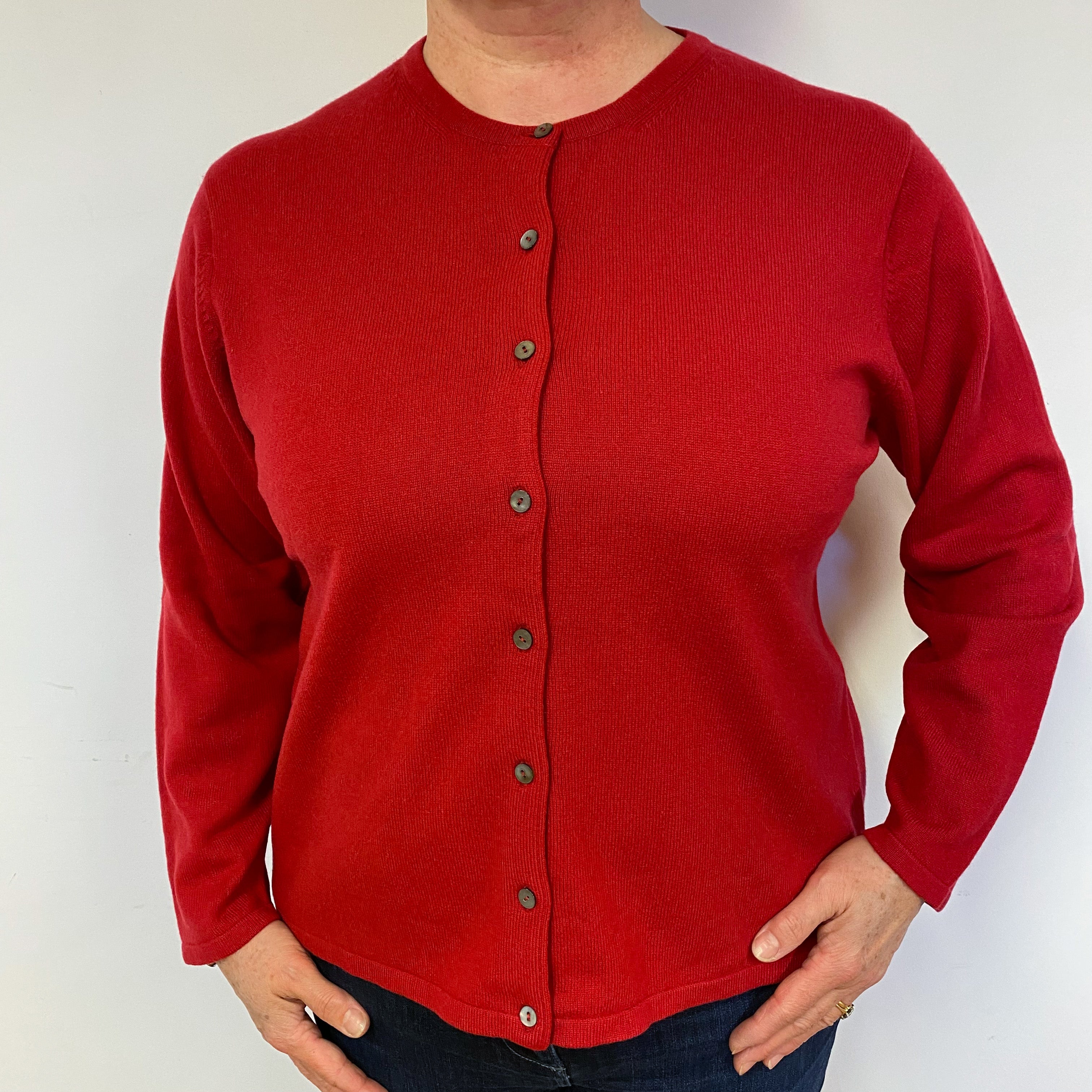 Post Box Red Cashmere Crew Neck Cardigan Large