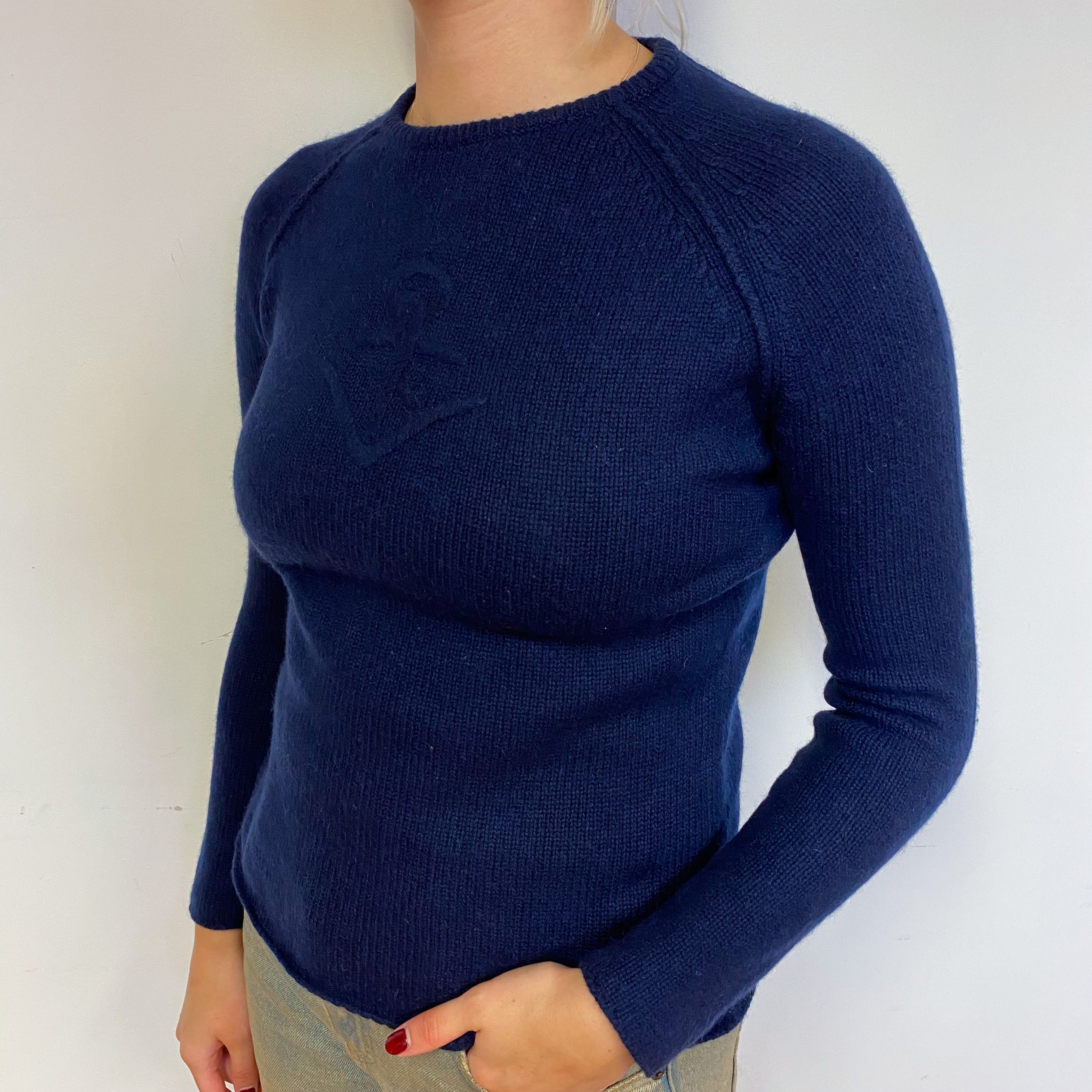 Navy Blue Anchor Cashmere Crew Neck Jumper Small