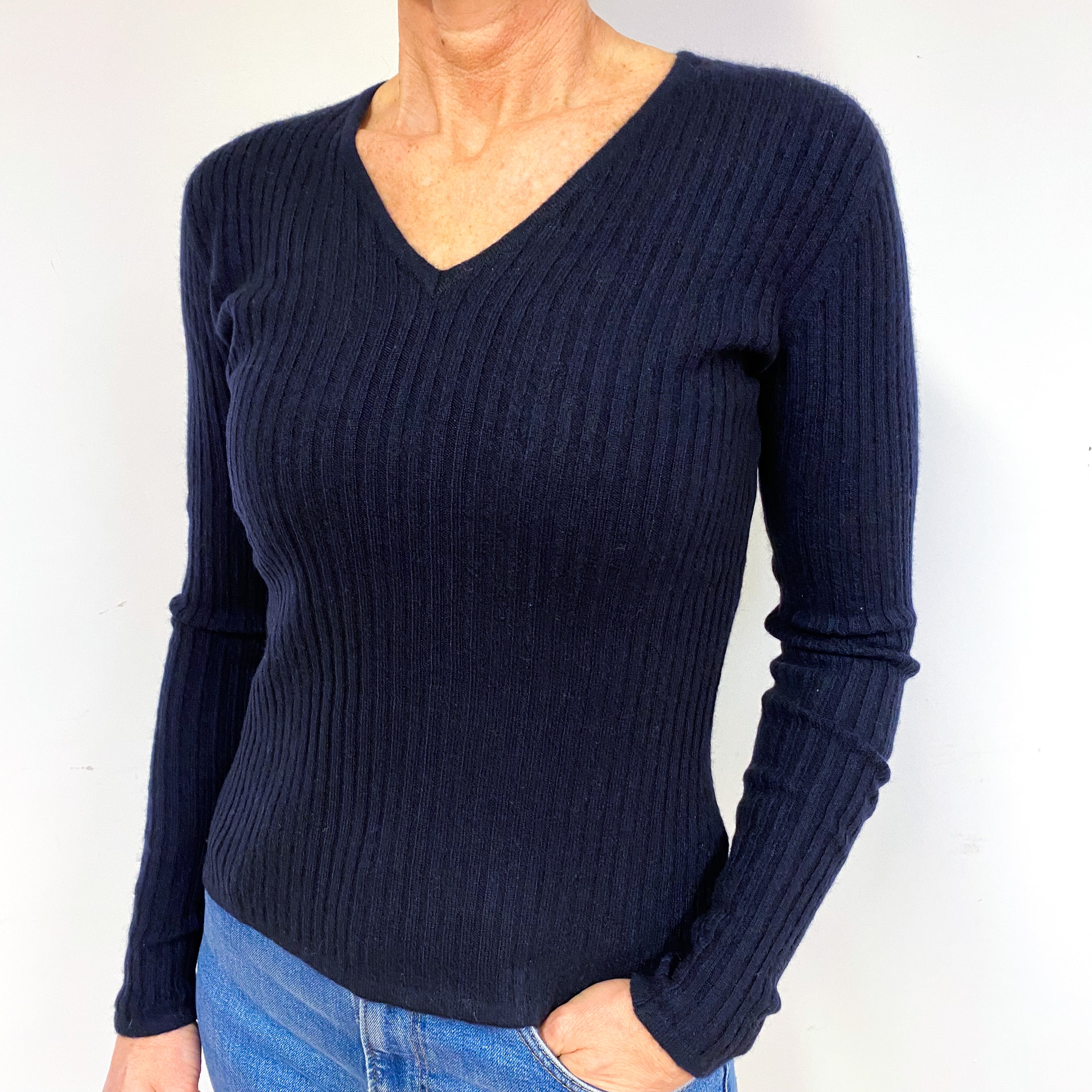 Navy Skinny Ribbed Cashmere V-Neck Jumper Medium