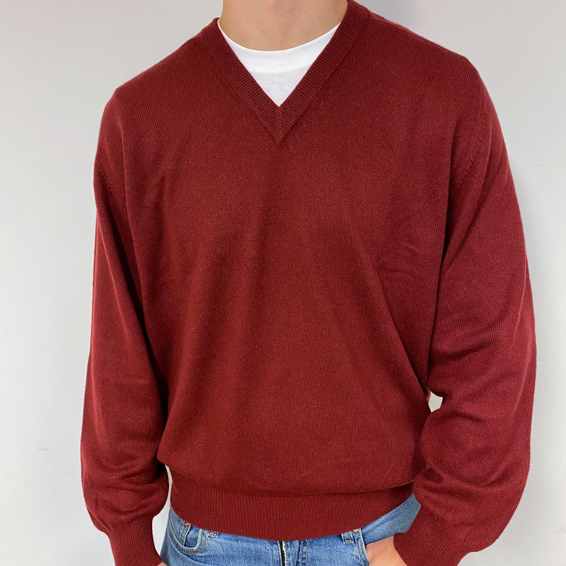 Men's Maroon Red Cashmere V-Neck Jumper Extra Large