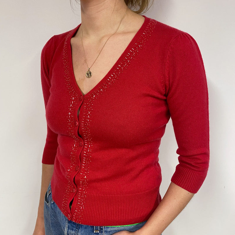 Berry Red Embellished Cashmere V-Neck Cardigan Small