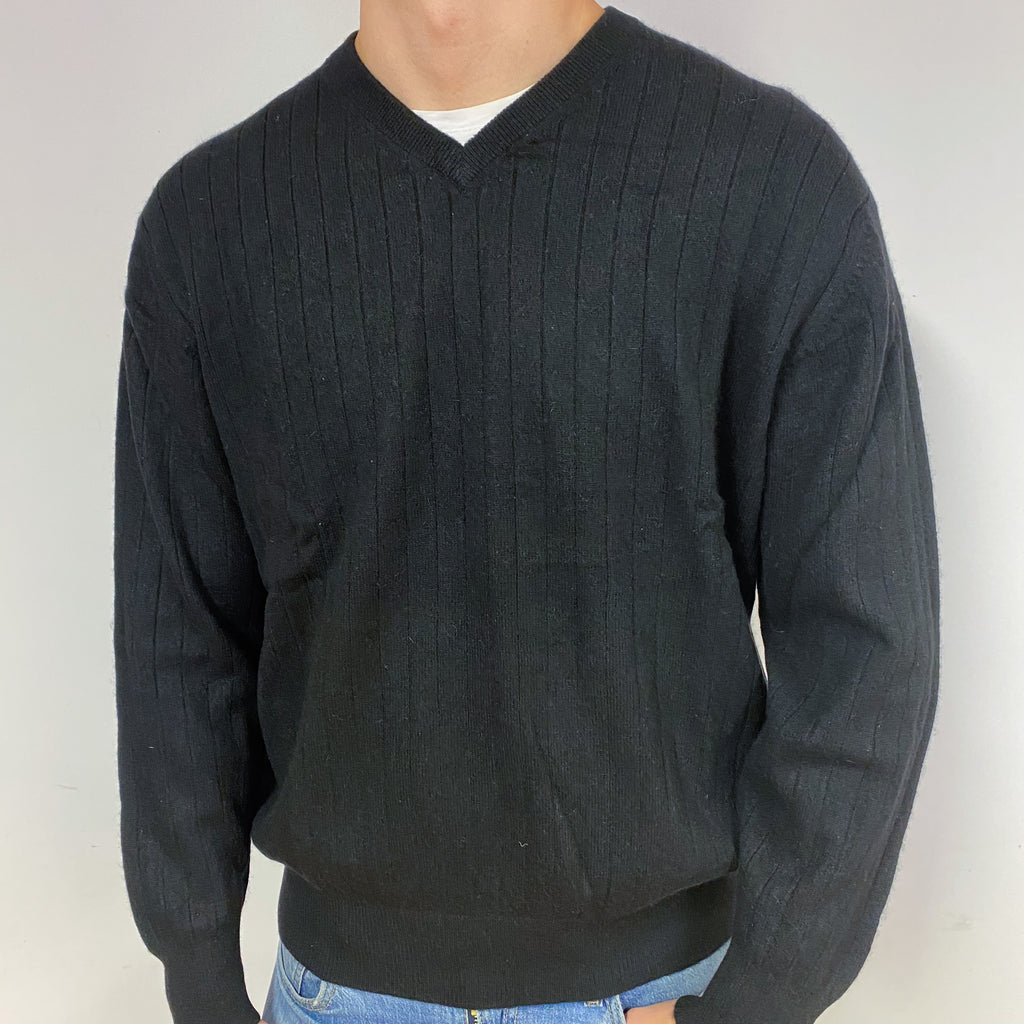 Men's Black Ribbed Cashmere V-Neck Jumper Extra Extra Large