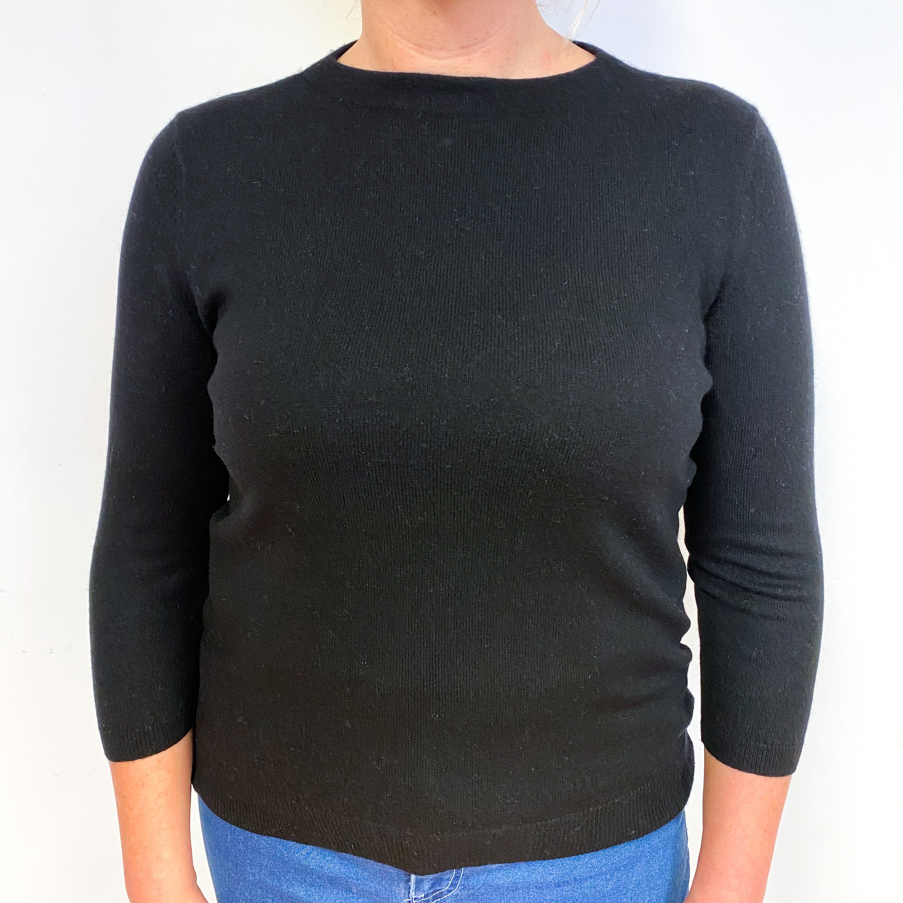 Black 3/4 Sleeve Cashmere Crew Neck Jumper Large