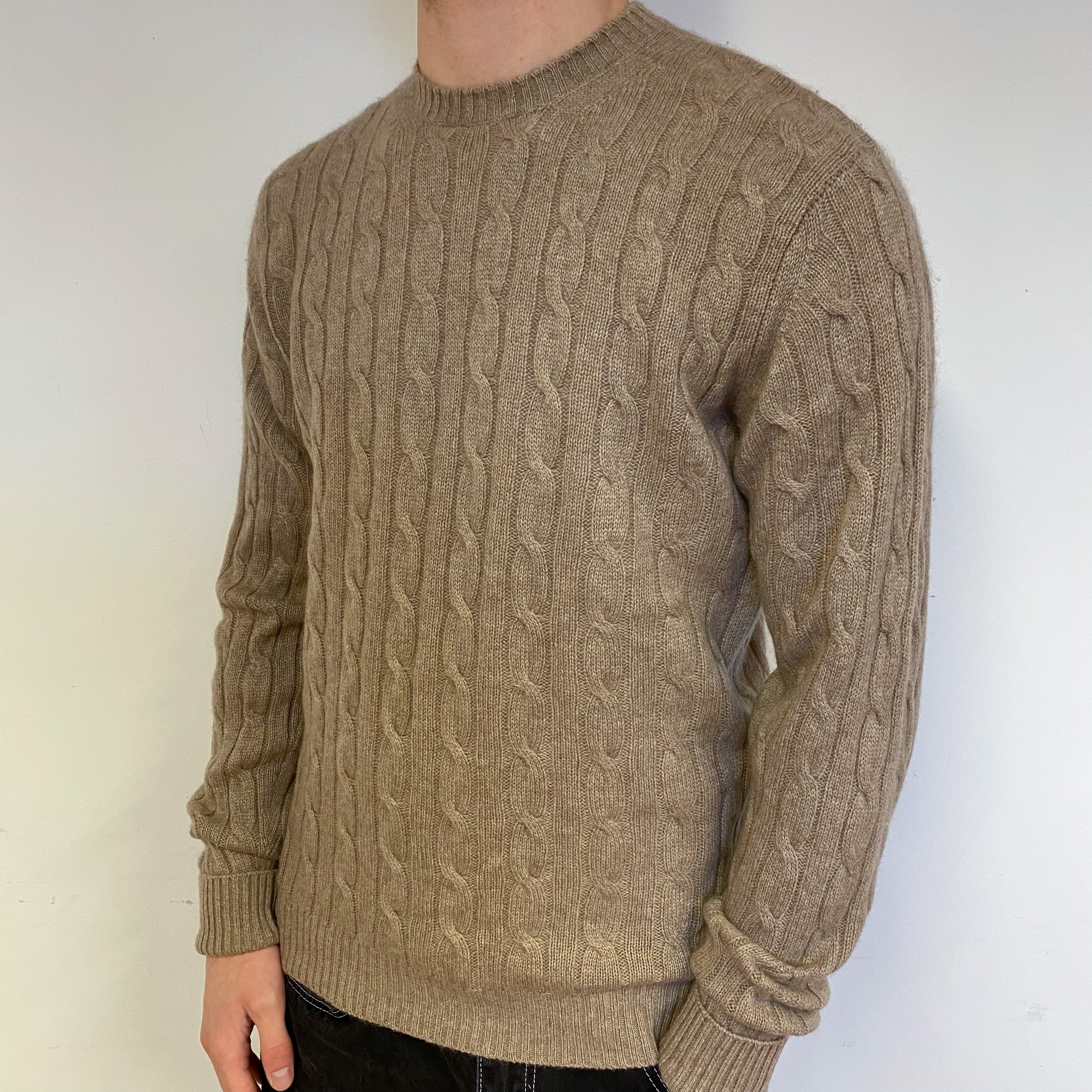 Men's Brown Cable Cashmere Crew Neck Jumper Medium