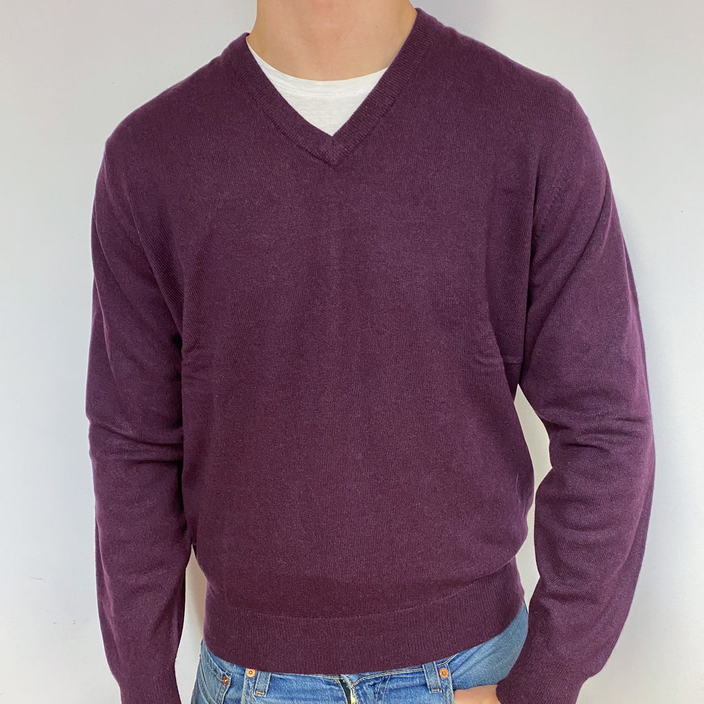 Men's Blueberry Purple Cashmere V-Neck Jumper Extra Large