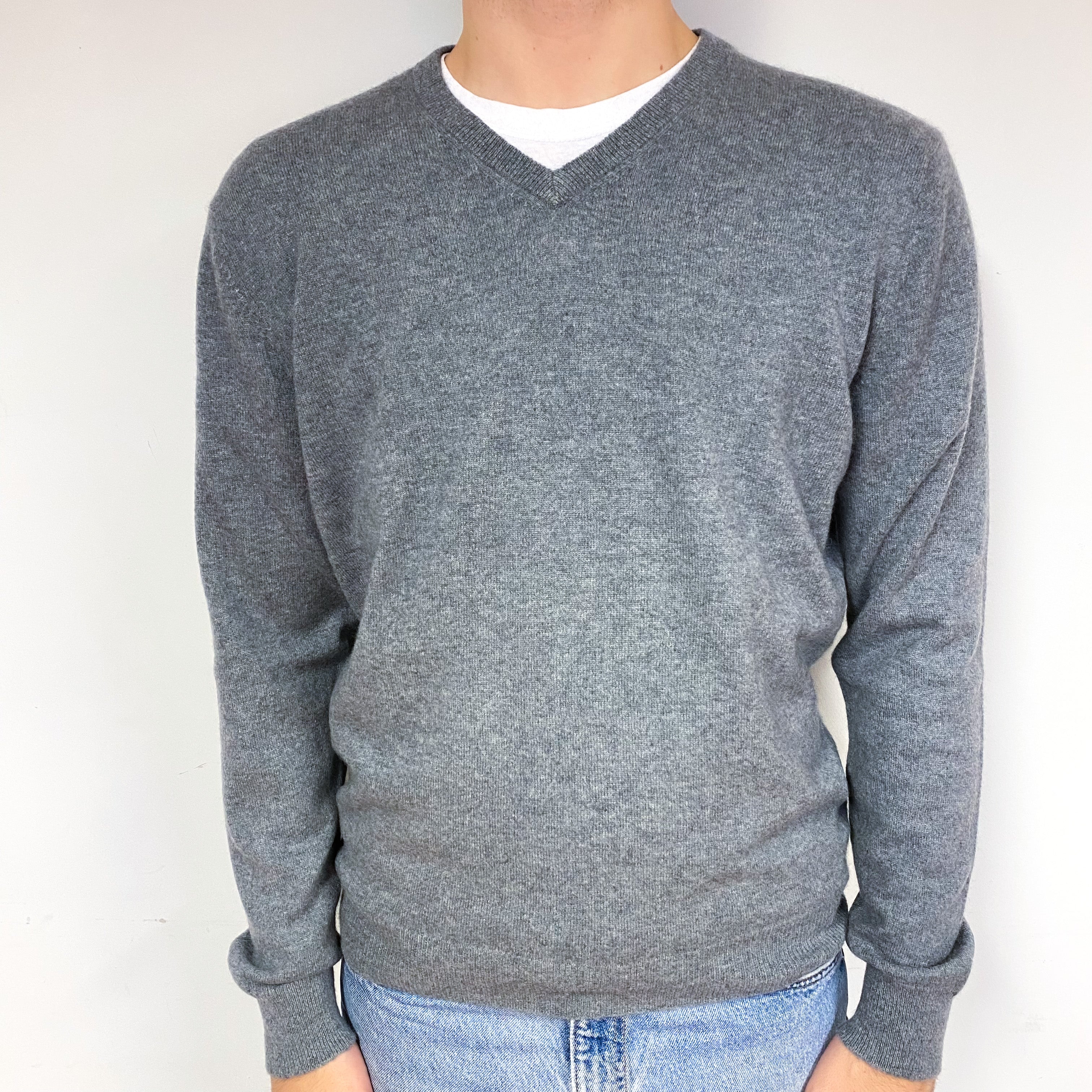 Men's Steel Grey Cashmere V-Neck Jumper Large
