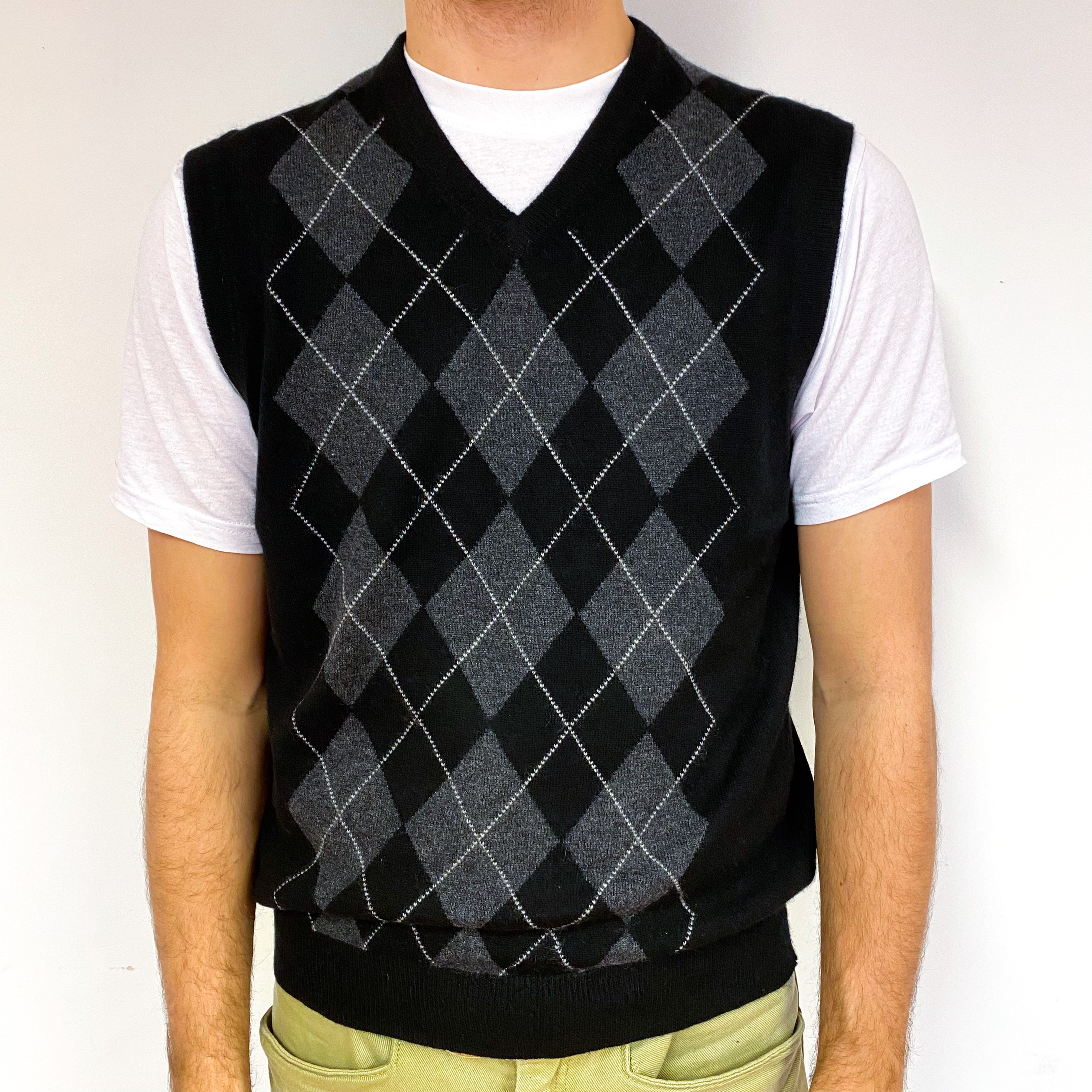 Men's Black Grey Argyle Cashmere Tank Top Medium