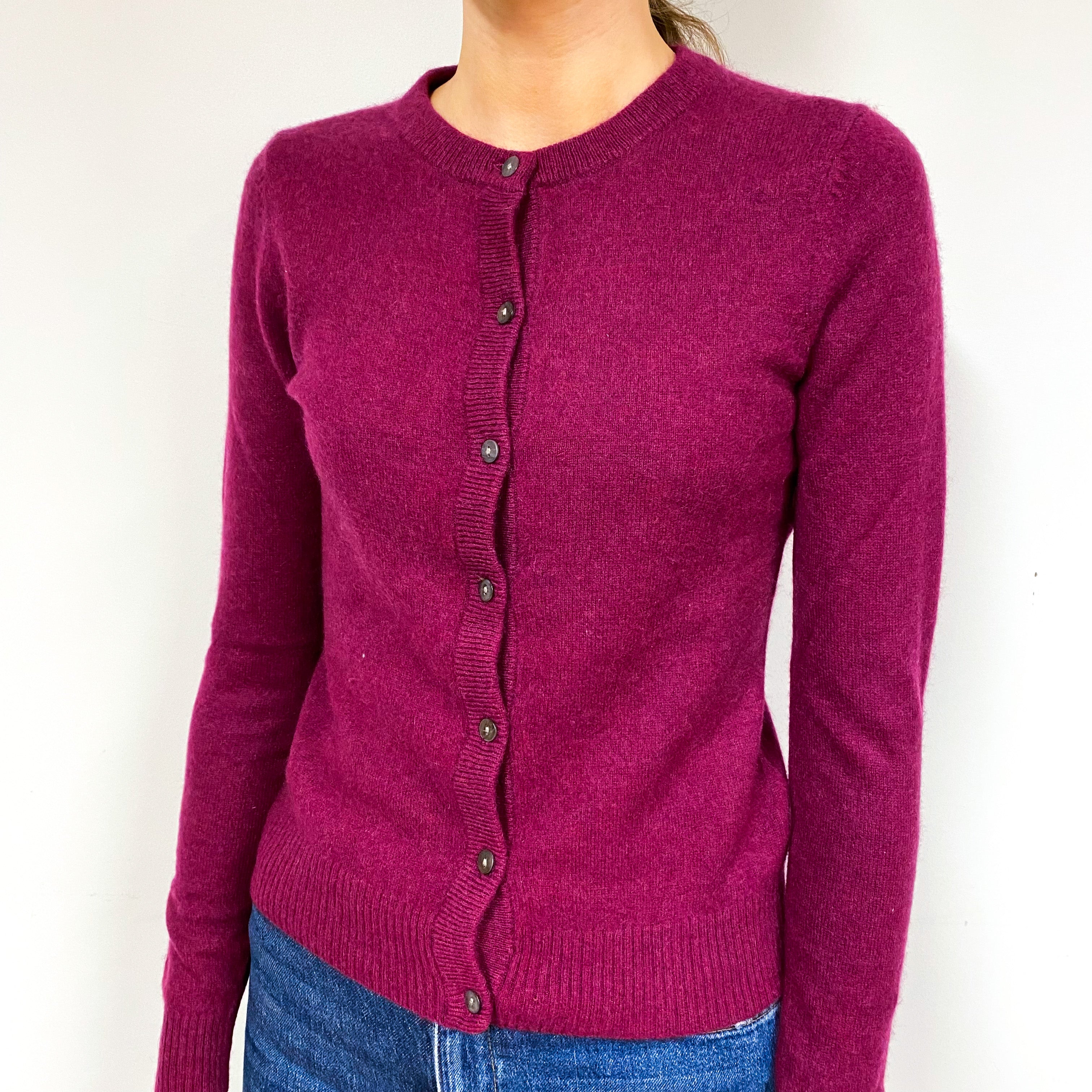 Plum Purple Cashmere Crew Neck Cardigan Extra Small