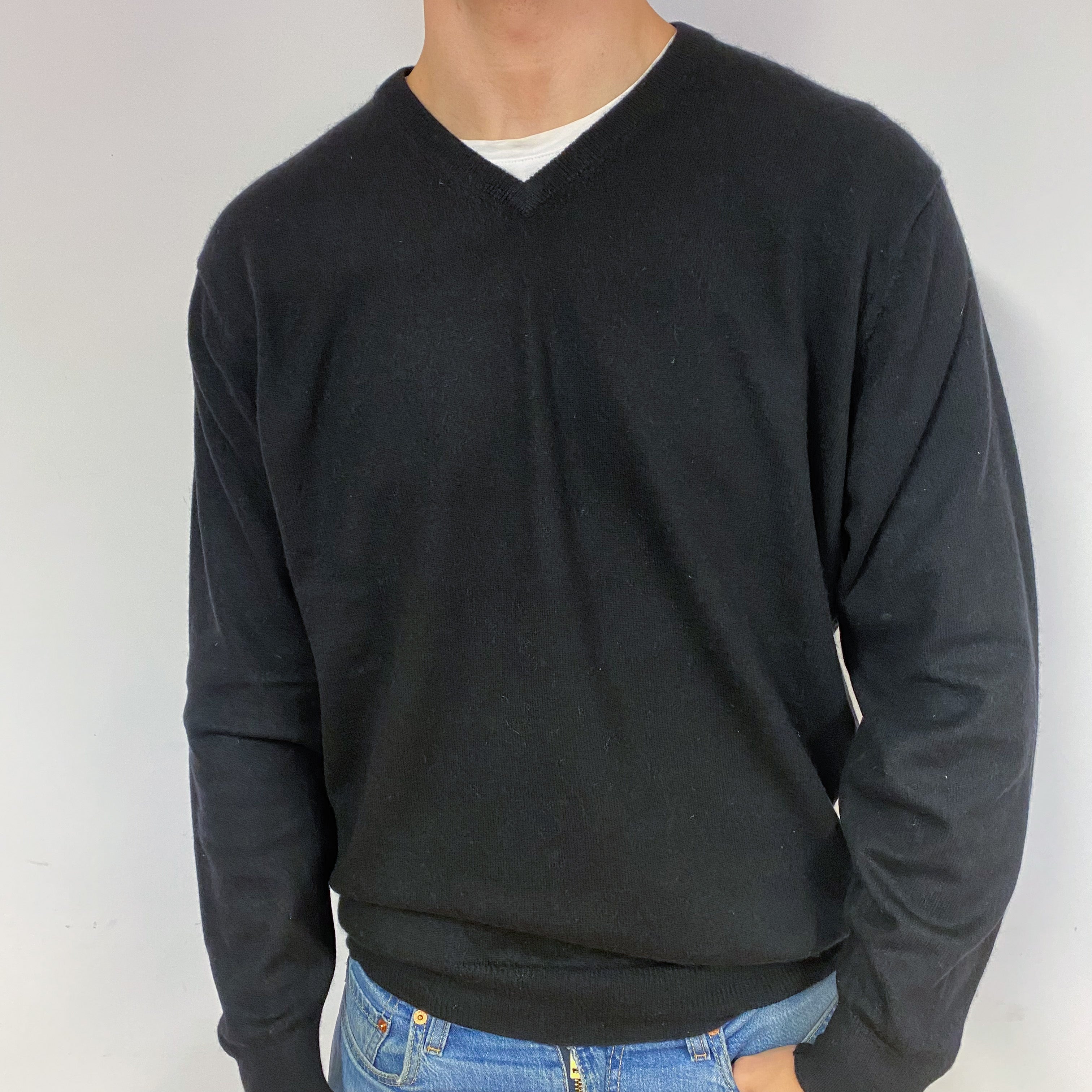 Men's Black Cashmere V-Neck Jumper Extra Extra Large/Tall
