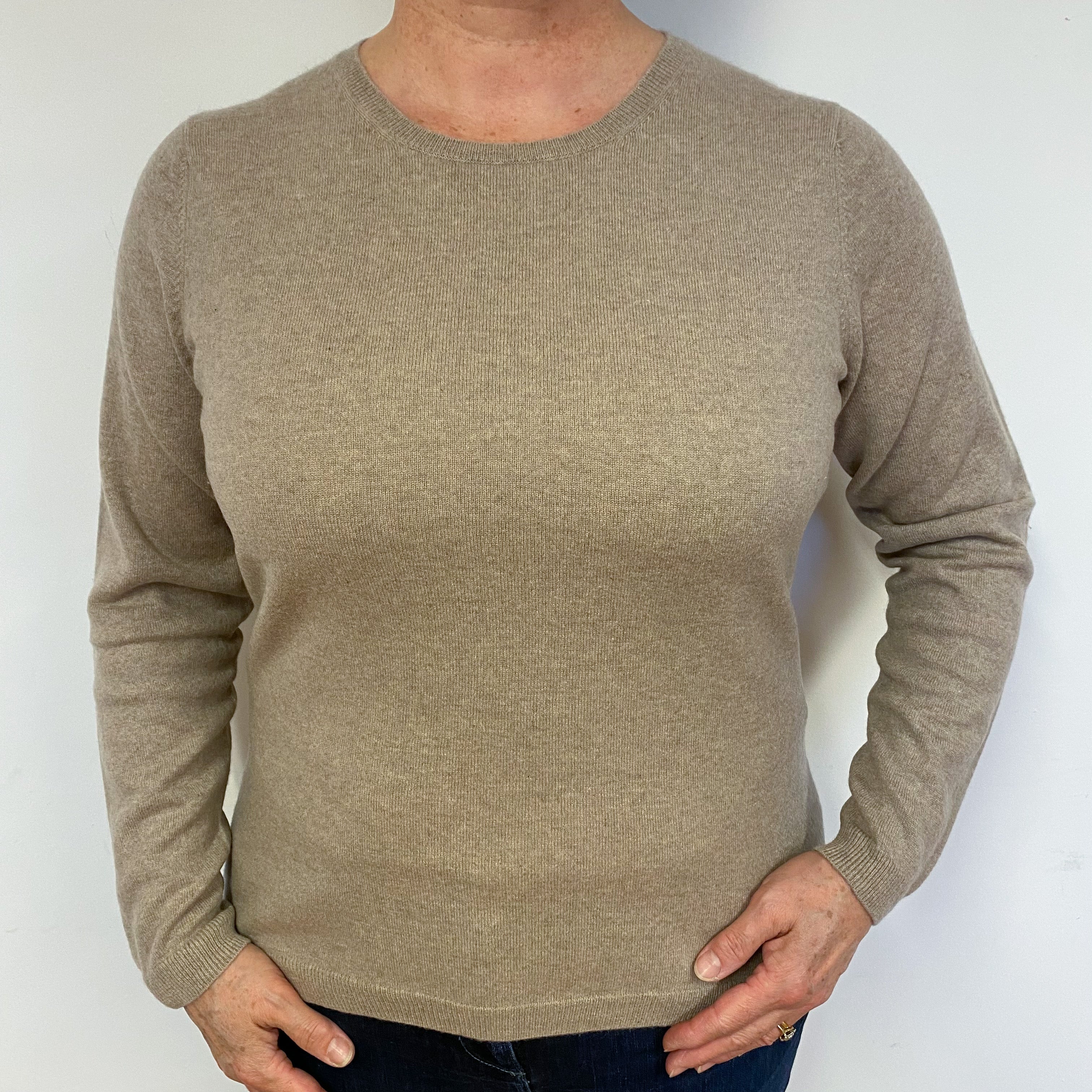 Taupe Brown Cashmere Crew Neck Jumper Large.