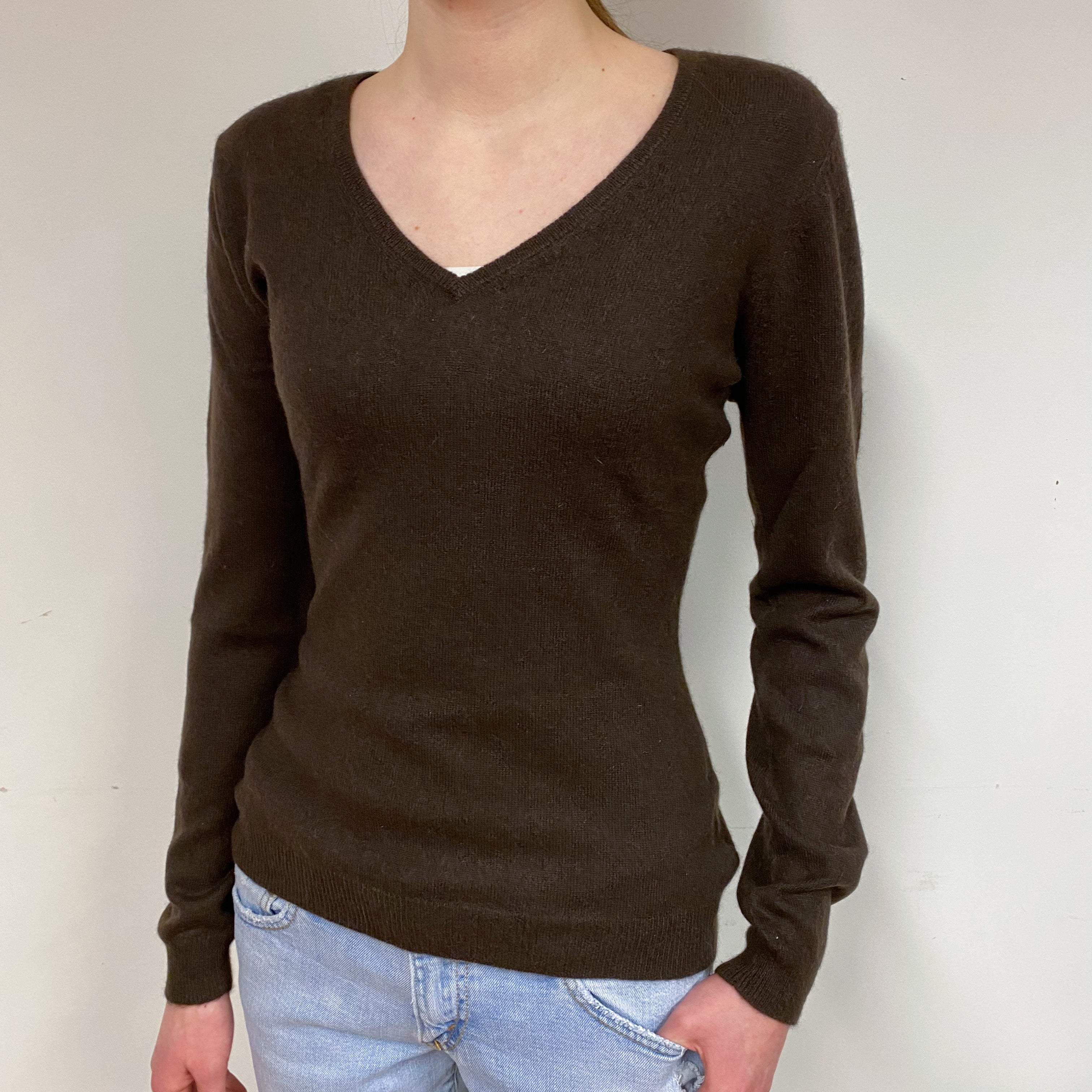 Chocolate Brown Cashmere V-Neck Jumper Extra Small