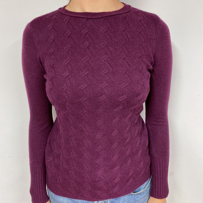 Purple Cable Cashmere Crew Neck Jumper with Neck Warmer Small