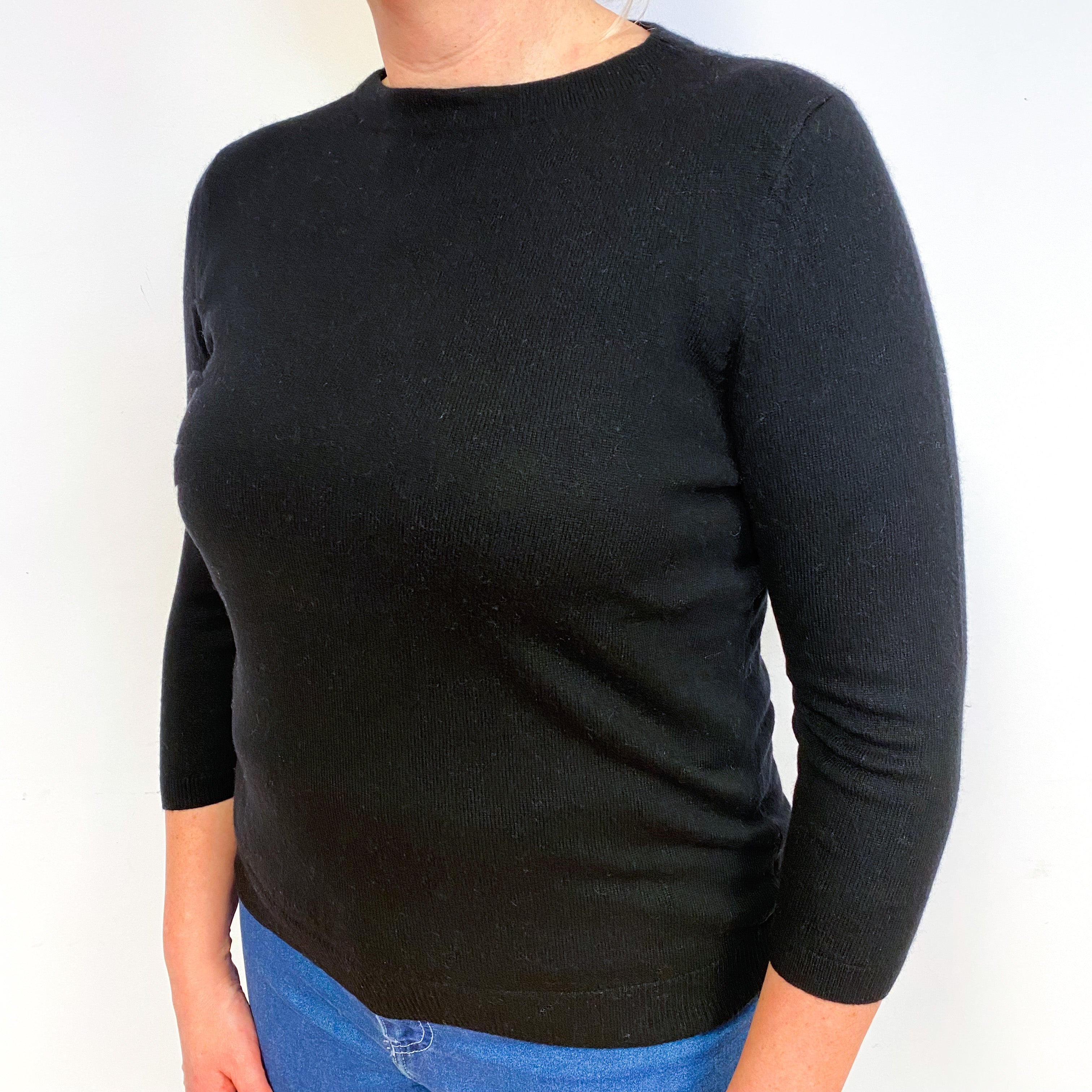 Black 3/4 Sleeve Cashmere Crew Neck Jumper Large