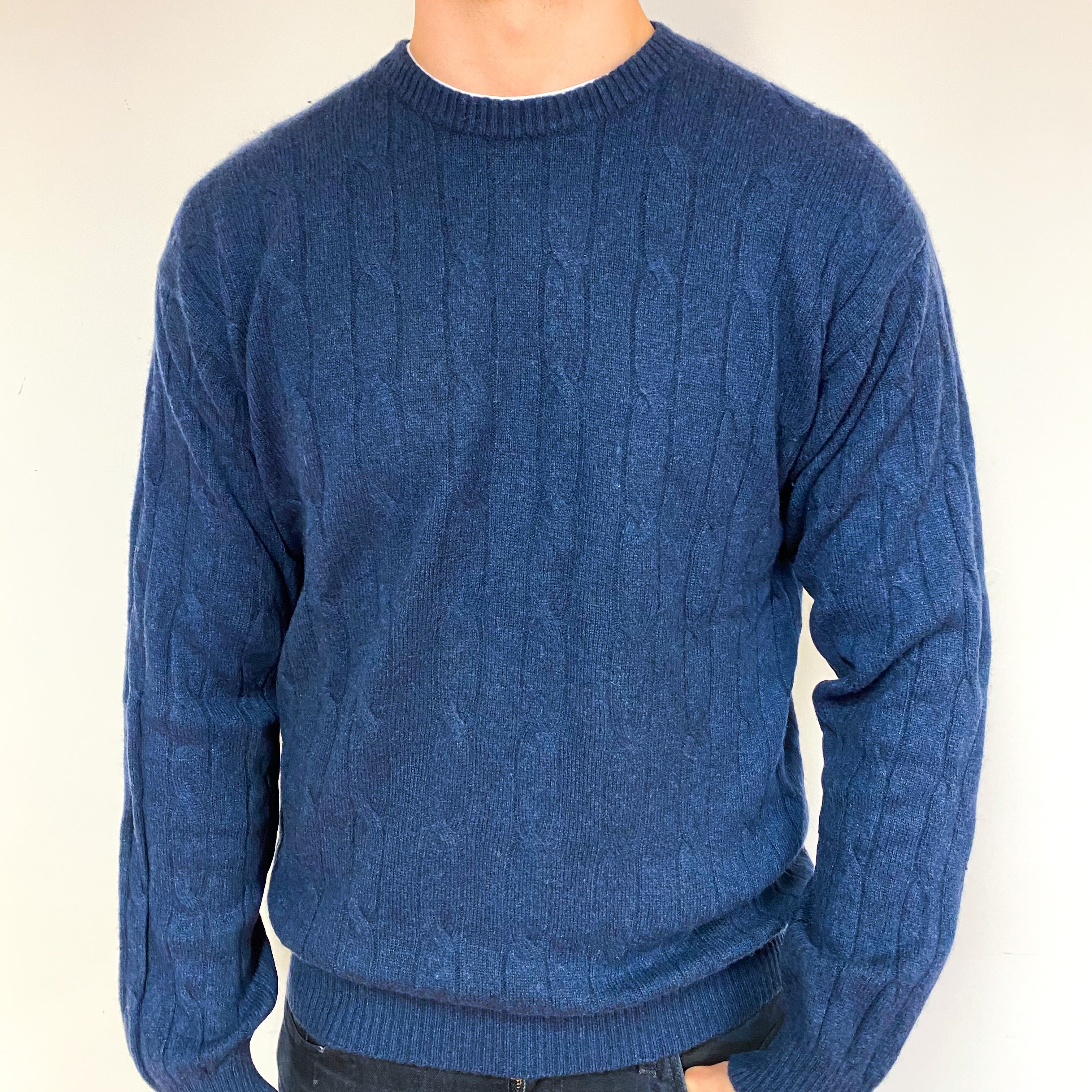 Men's Midnight Blue Cable Cashmere Crew Neck Jumper Extra Large