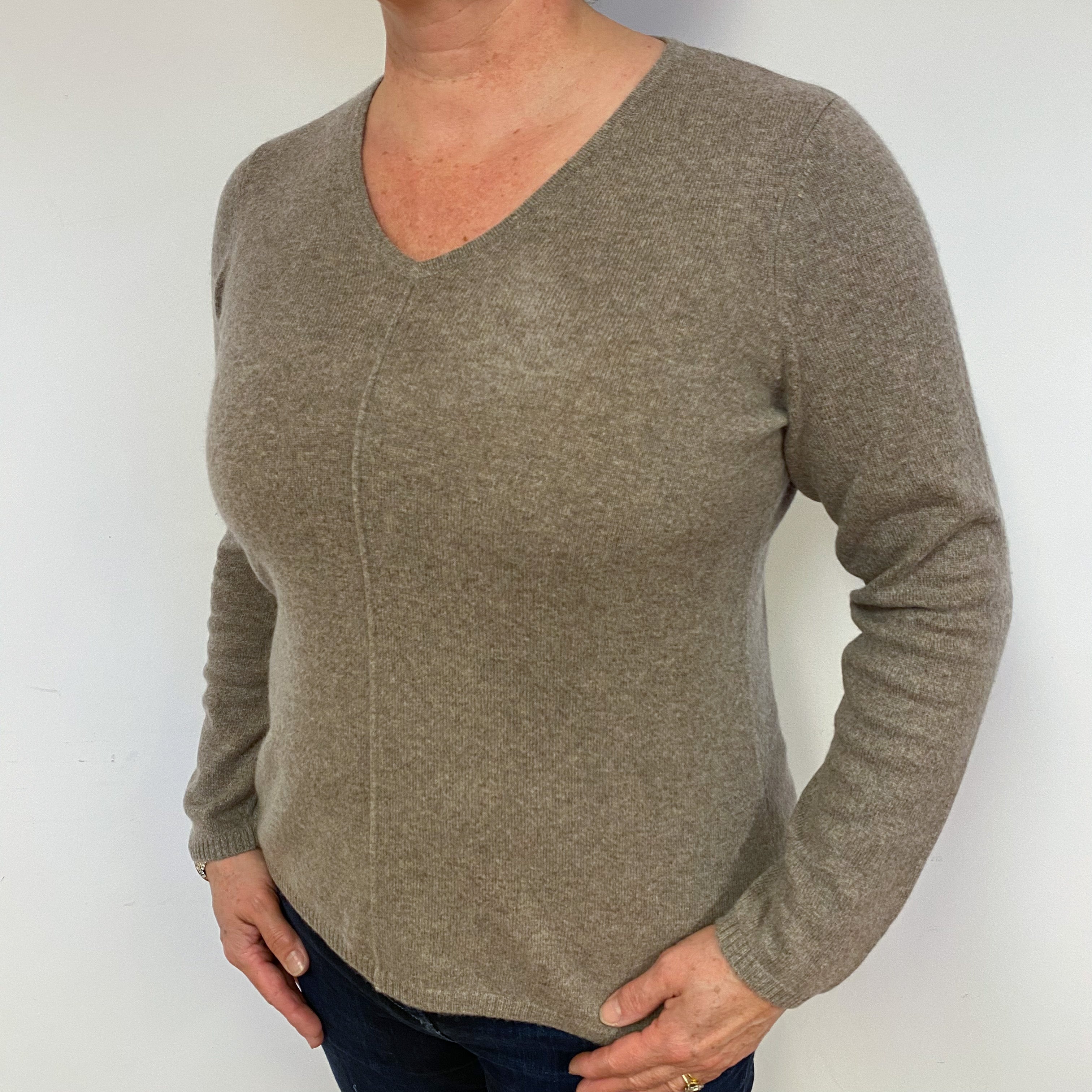 Taupe Brown Cashmere V-Neck Jumper Large.