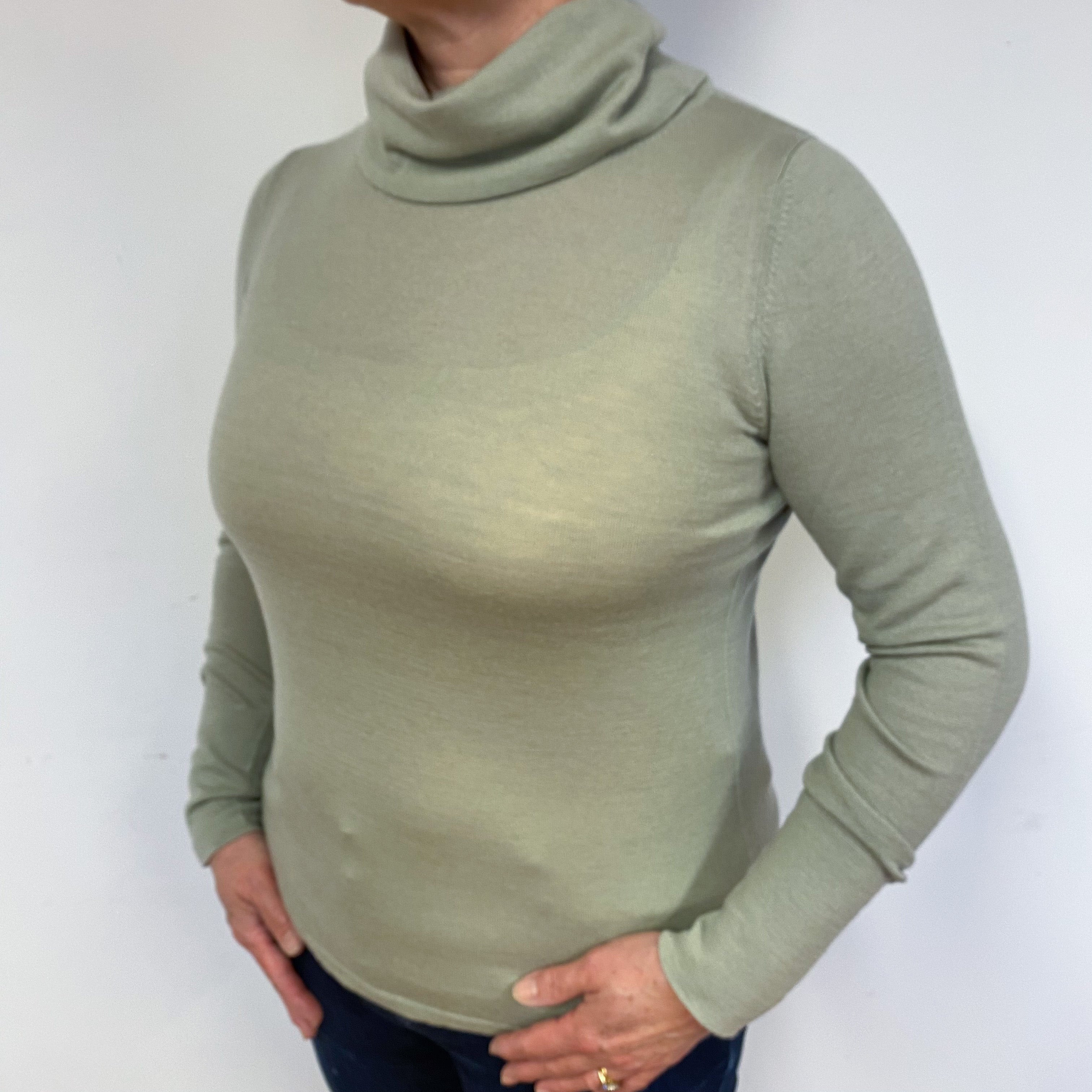 Fine Knit Sage Green Cashmere Polo Neck Jumper Large