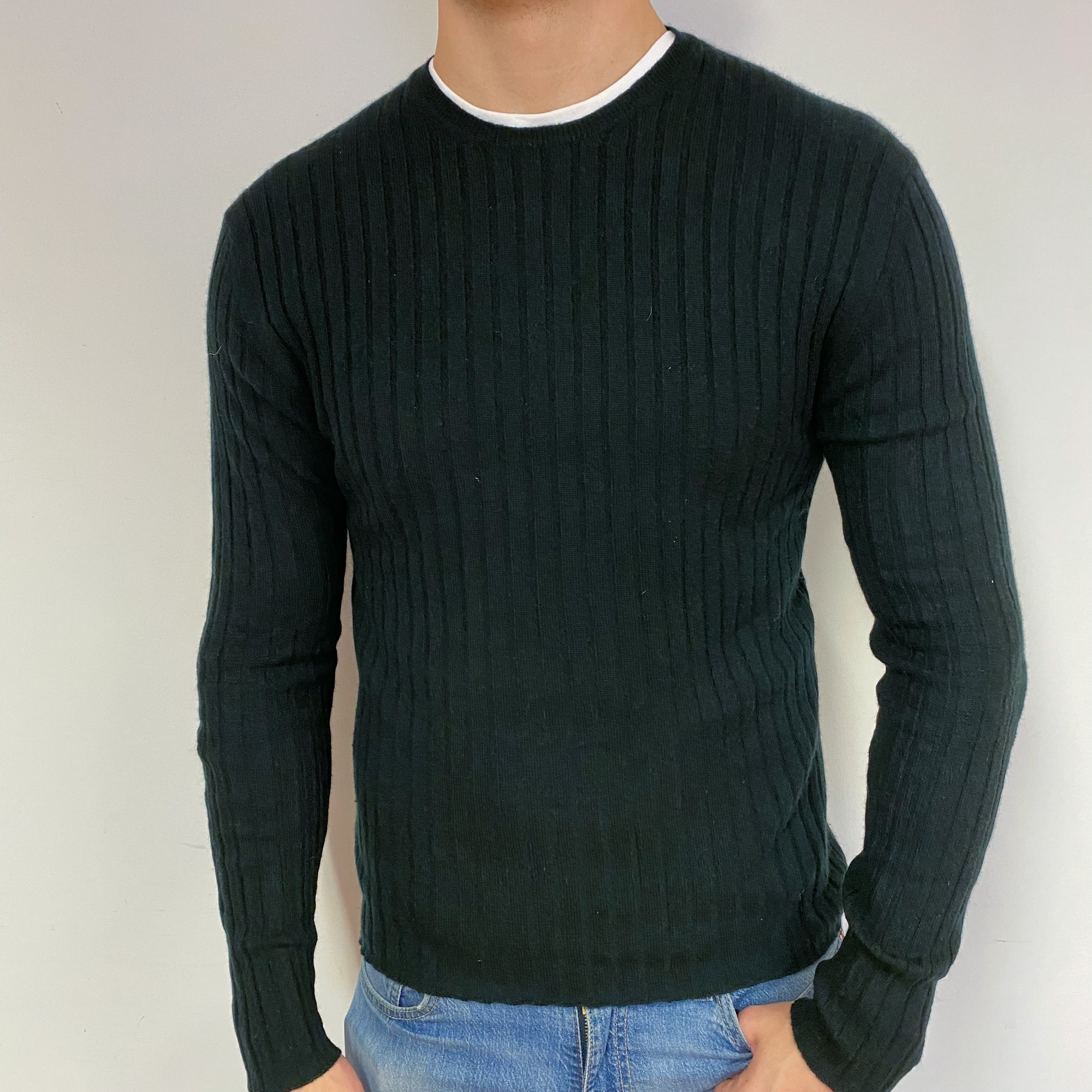 Men's Slim Ribbed Black Cashmere Crew Neck Jumper XL