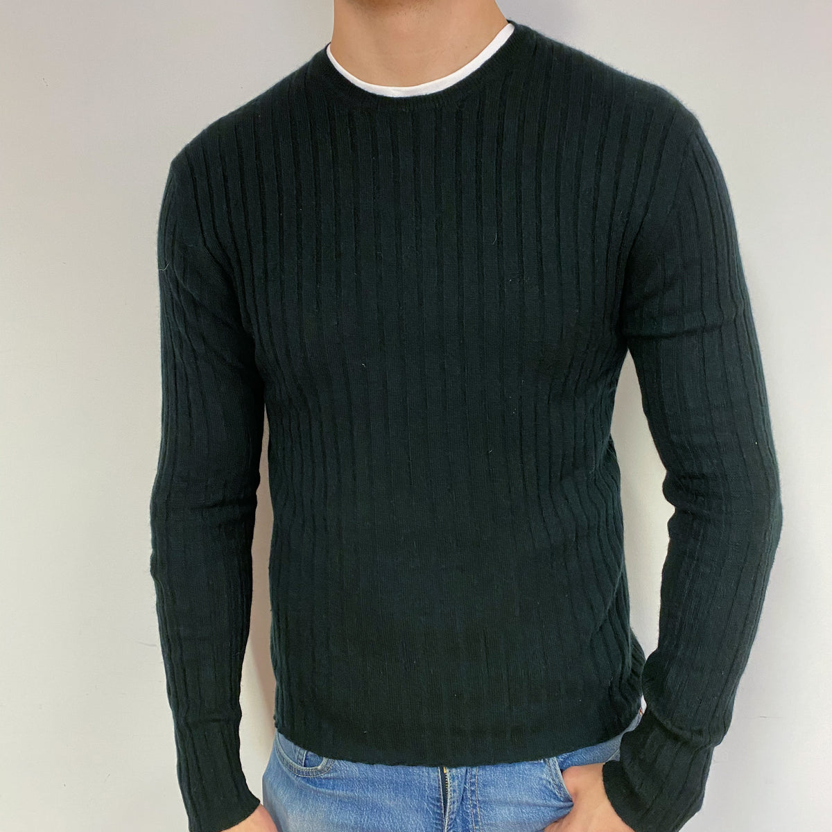 Men's Slim Ribbed Black Cashmere Crew Neck Jumper XL