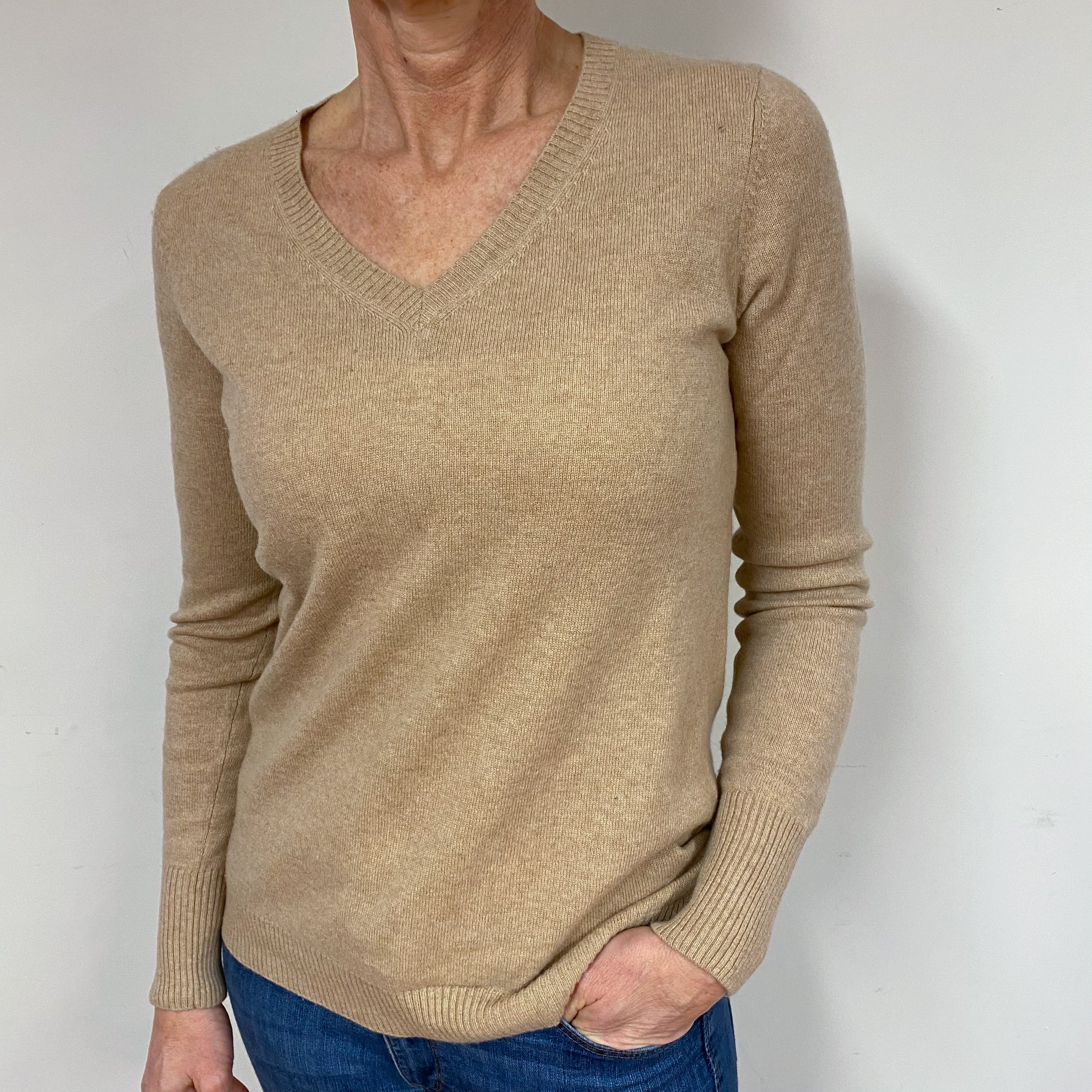 Sand Beige Cashmere V-Neck Jumper Medium