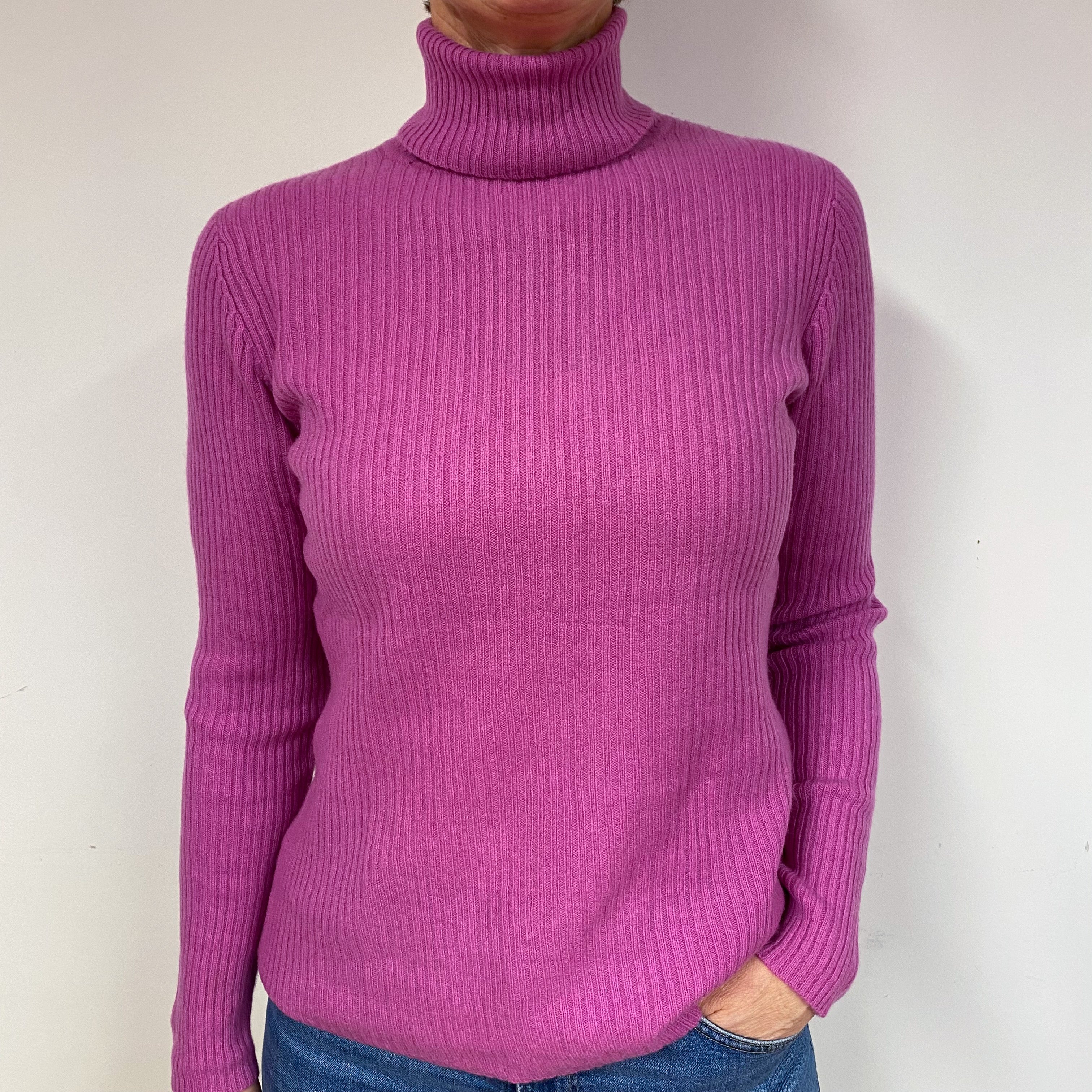 Loganberry Pink Ribbed Cashmere Polo Neck Jumper Medium