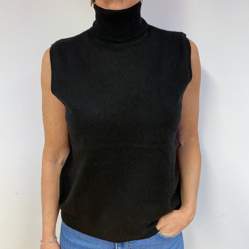 Black Cashmere Sleeveless Polo Neck Jumper Medium NEARLY NEW