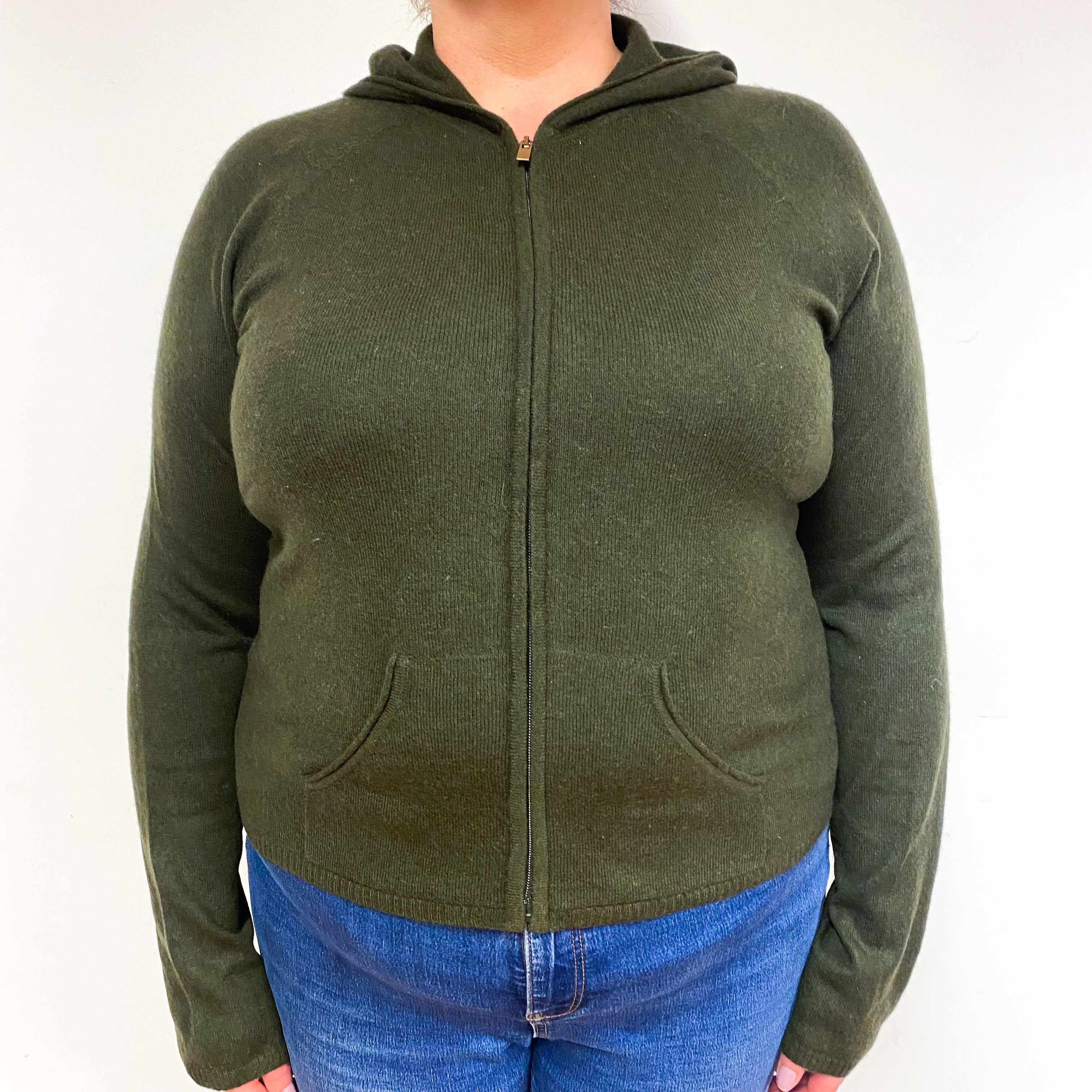Dark Khaki Green Cashmere Hoodie Cardigan Extra Large